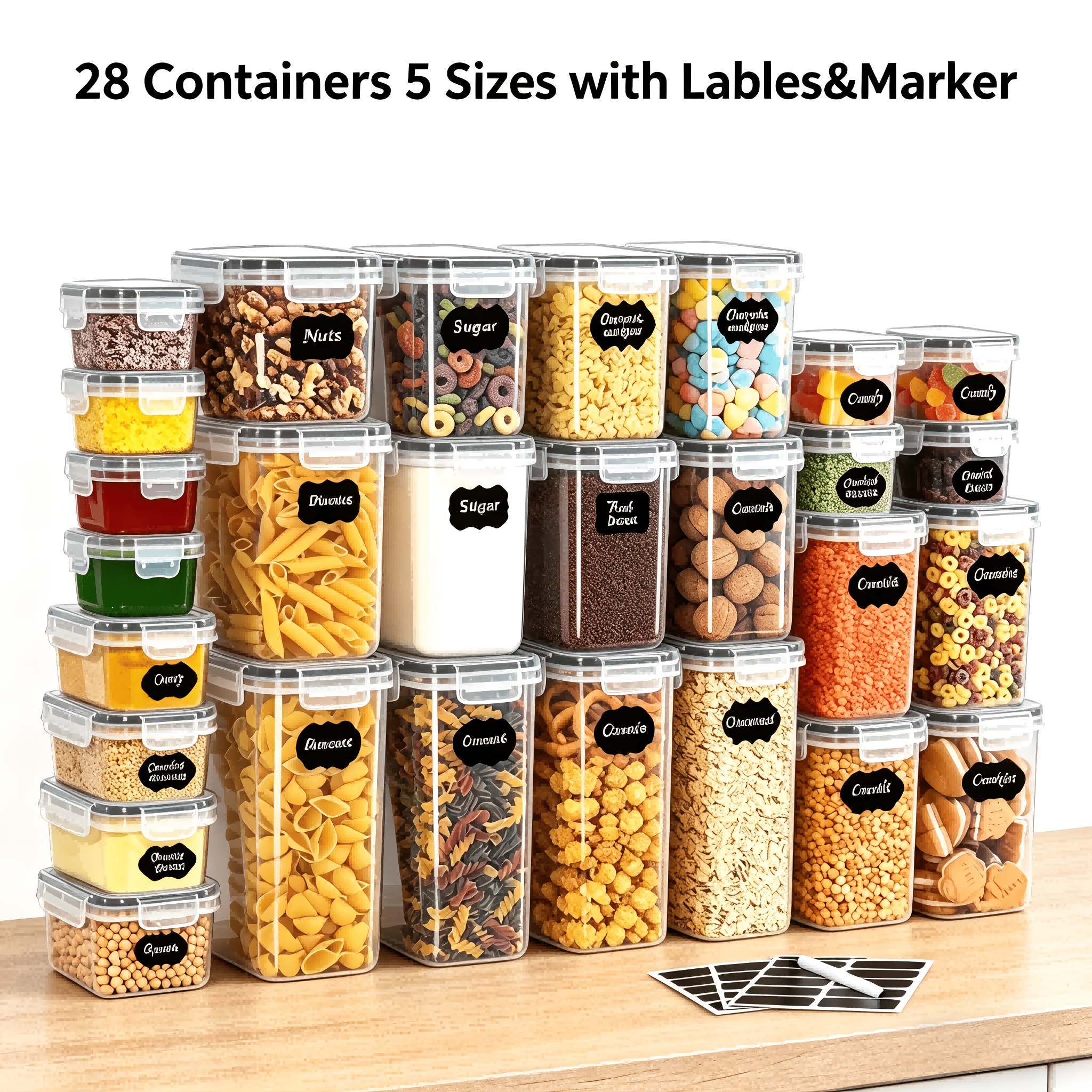 Image of 28pcs Sealed Food Storage Box With Lid, Used For Organizing And Storing Kitchen Cabinets, Plastic Can Set, Suitable For Refrigerator Storage, For Grains, Pasta, Flour, And Sugar
