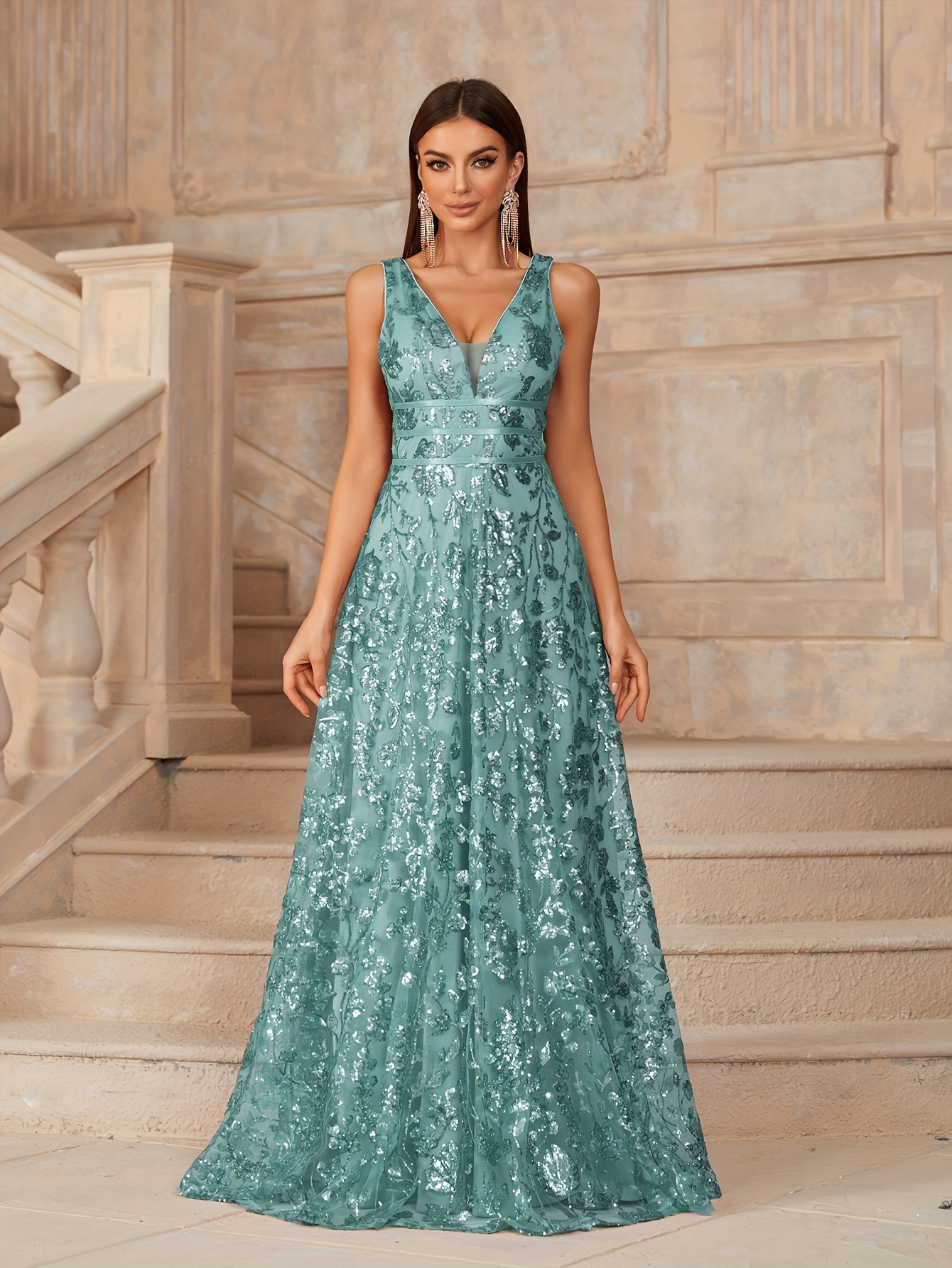 Womens' Elegant Sleeveless Chiffon Floor-Length Gown with Beaded Sequin Neckline – Perfect for Weddings, Evening Events, Coastal Celebrations, and Red-Carpet Occasions