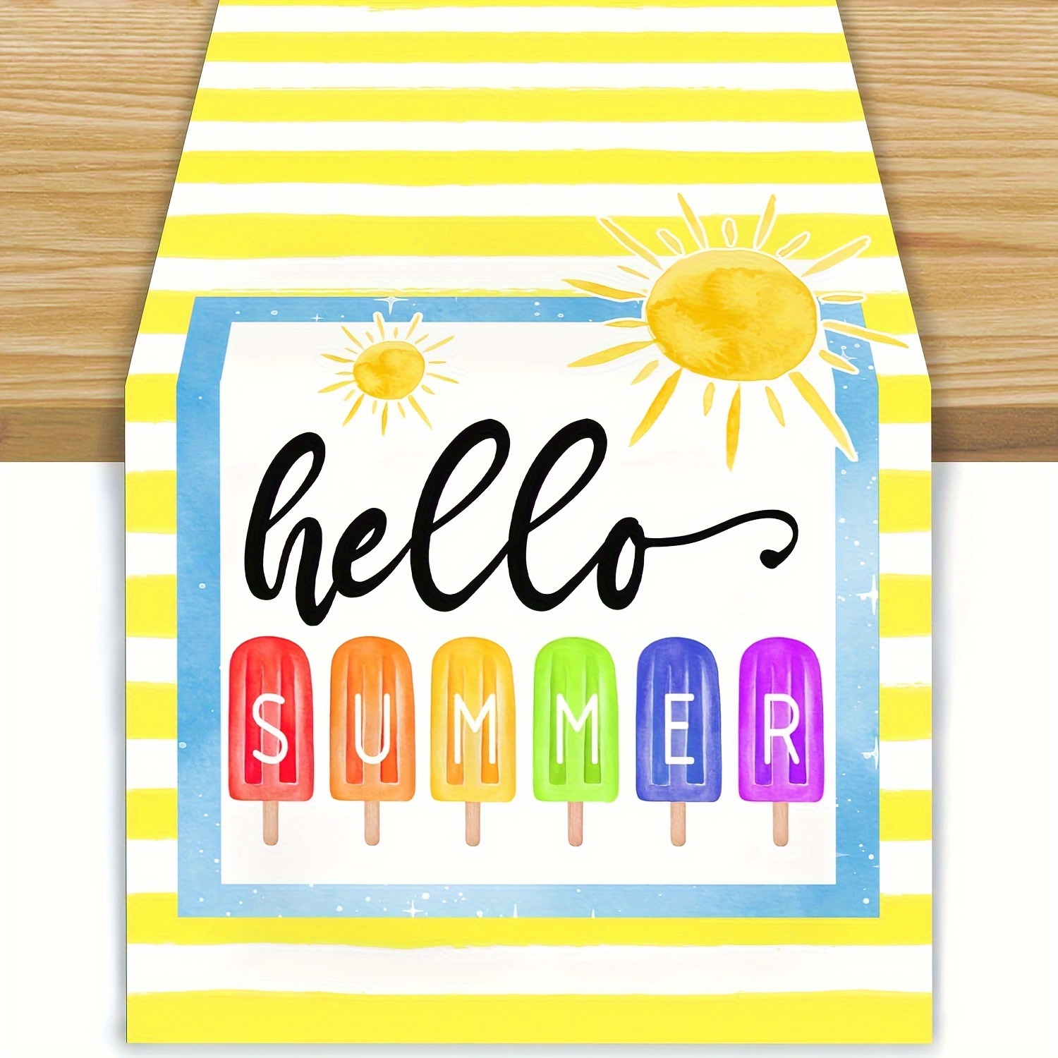 

1pc, Linen Table Runner, "hello Summer" Ice Cream Design, Yellow & Colorful, Summer Hawaiian Theme Table Runner, Party Decor, Festive Home Supplies