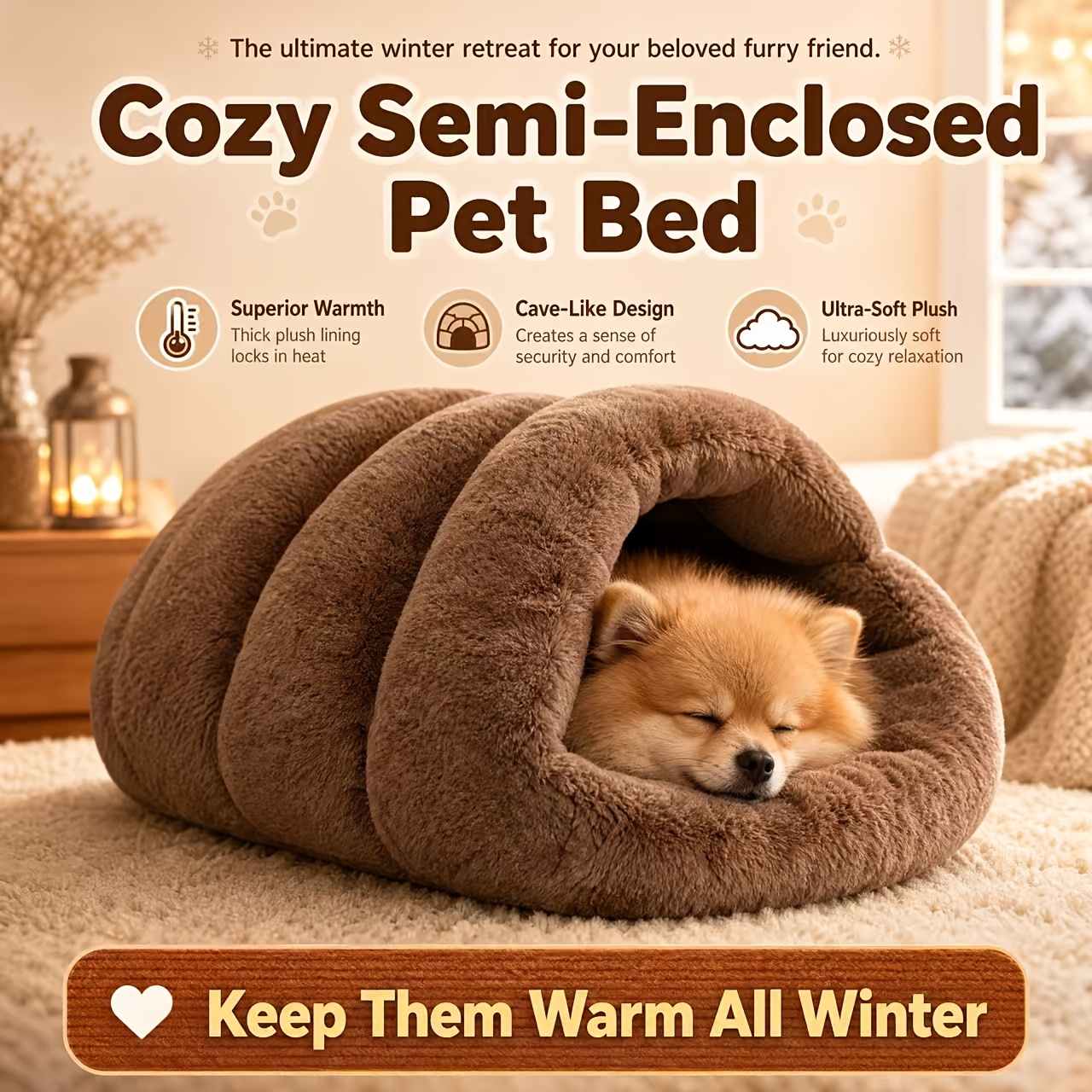 TEMU Winter Warm Semi-enclosed Cat Bed, Thickened Autumn/winter Pet Sleeping Bag, Cat Tunnel Bed, Soft Long Plush Cat Cave, Universal Foldable Cat