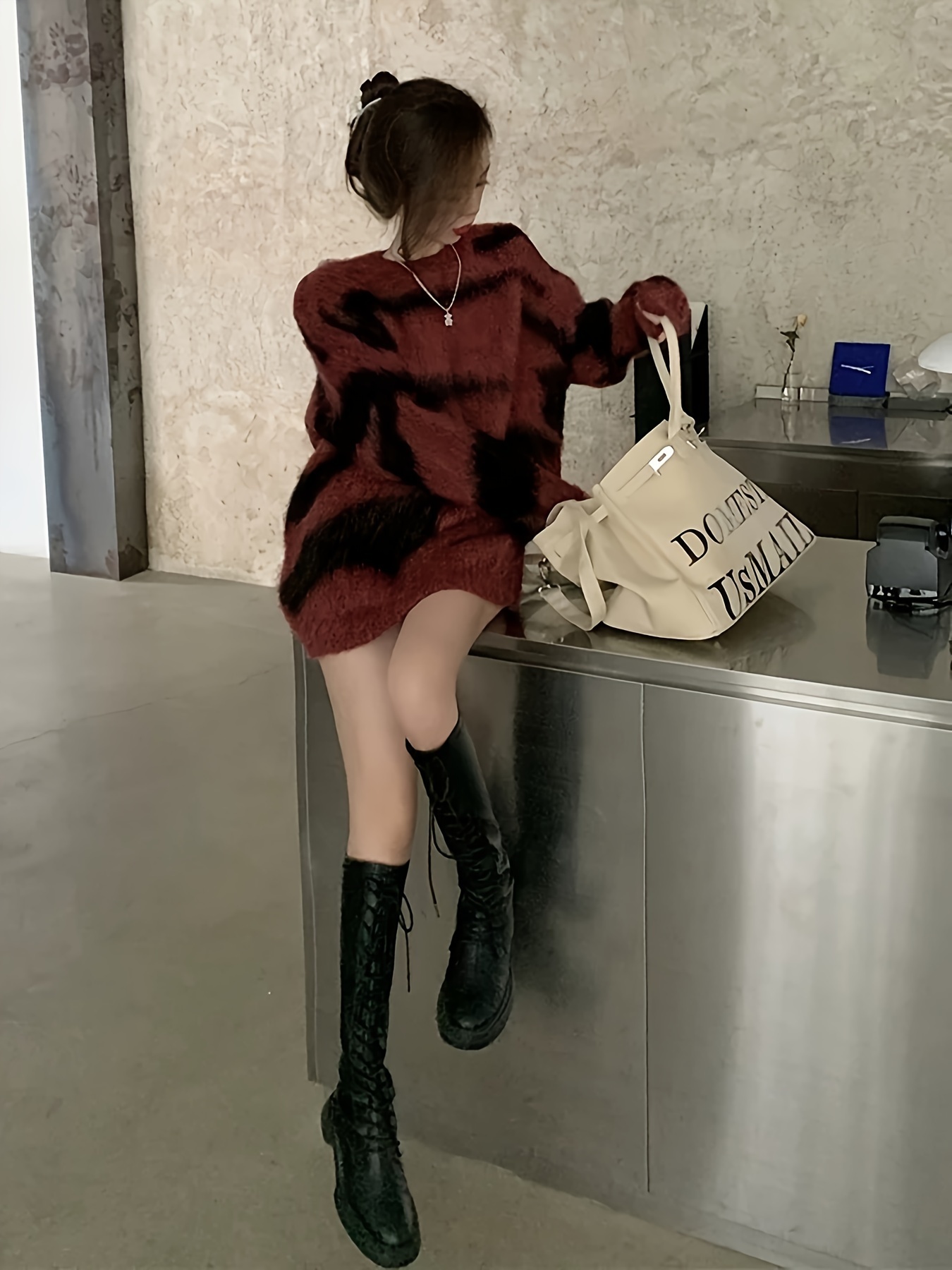 roter schwarzer farbblock streifenpullover damen lockerer Temu