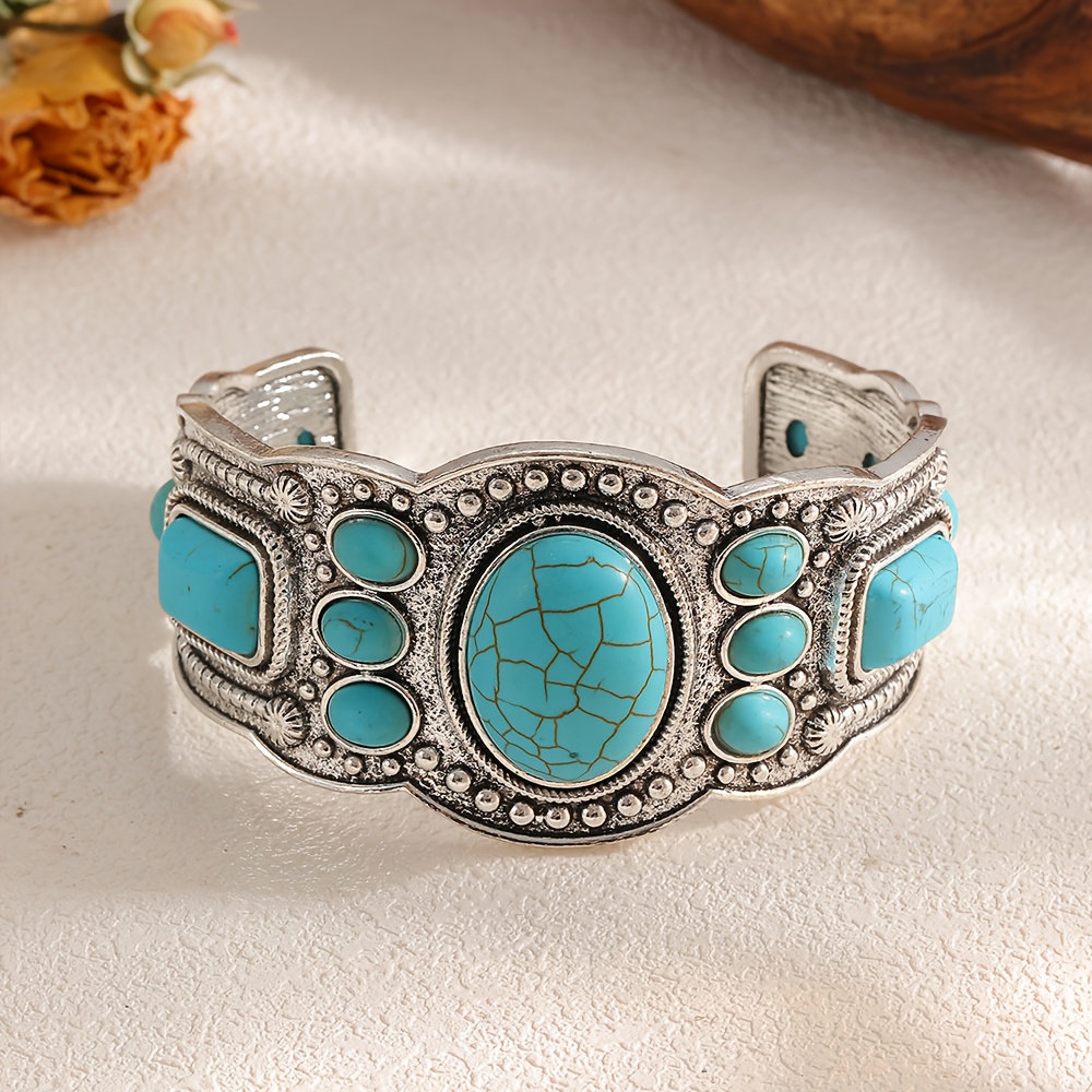 TEMU Two/one Bohemian Vintage Natural Turquoise Metal Bracelets, Adjustable Elastic Cord Bracelets For Women, Stylish And Elegant With A High-end