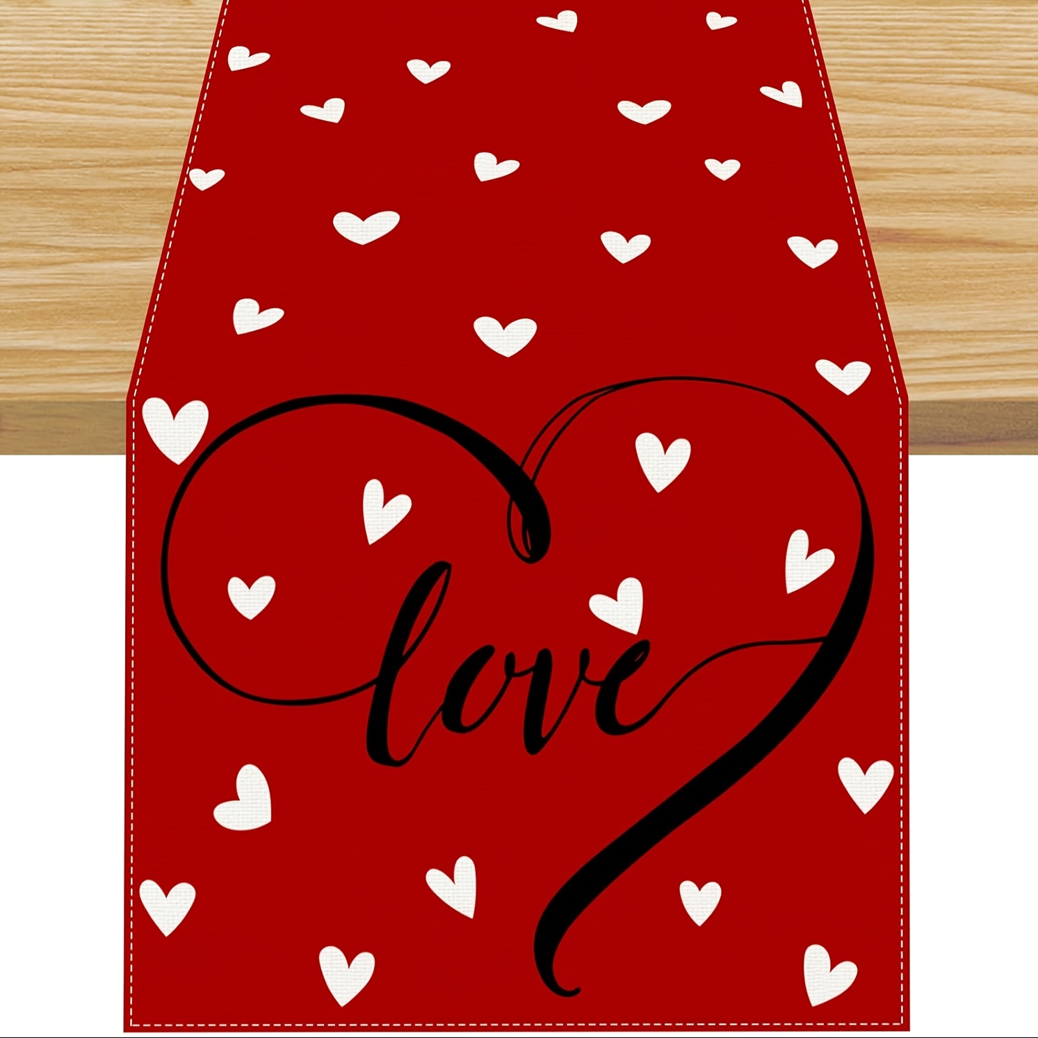 

Valentine's Day Love Heart Table Runner - Red Linen, Anniversary & Seasonal Dining Decor, In 3 Sizes (13x48", 13x72", 13x108")