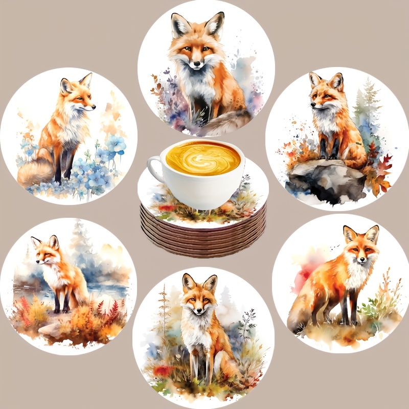 TEMU 6pcs Scandinavian Fox Coasters Suitable For Dining Table, Wood Drink Holders With Ink Art, Heat-resistant Table Protectors, Minimalist Decor For