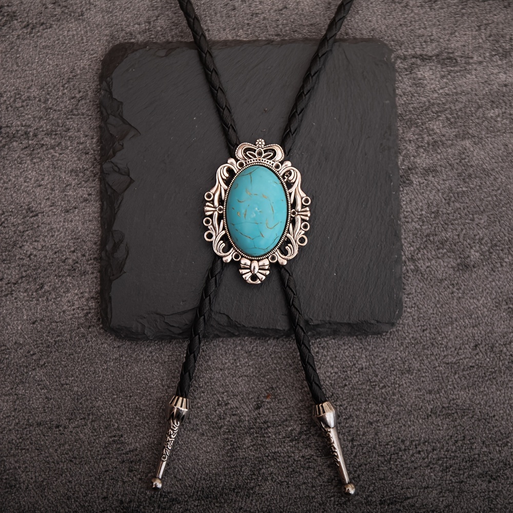 Western Style Bolo Tie Necklace with Turquoise Stone, Adjustable Length