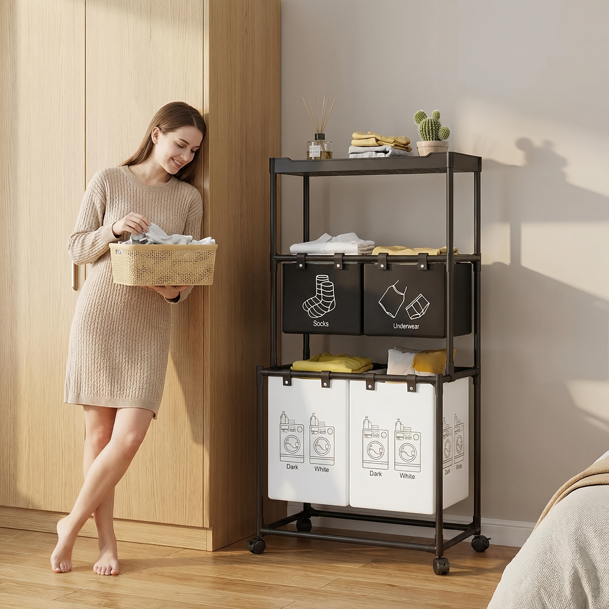 rolling laundry basket organizer metal frame fabric bin 57x44x128  white laundry baskets Product details 3