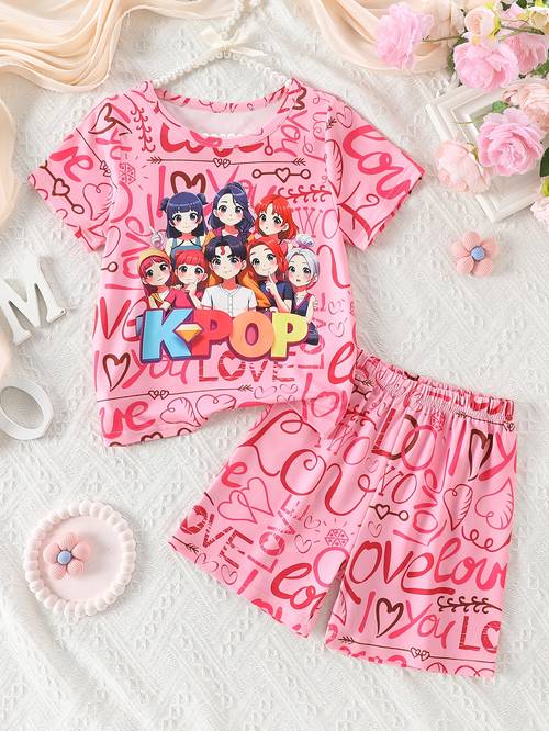 2pcs shorts set colorful cute lettering cartoon print flame retardant fabric