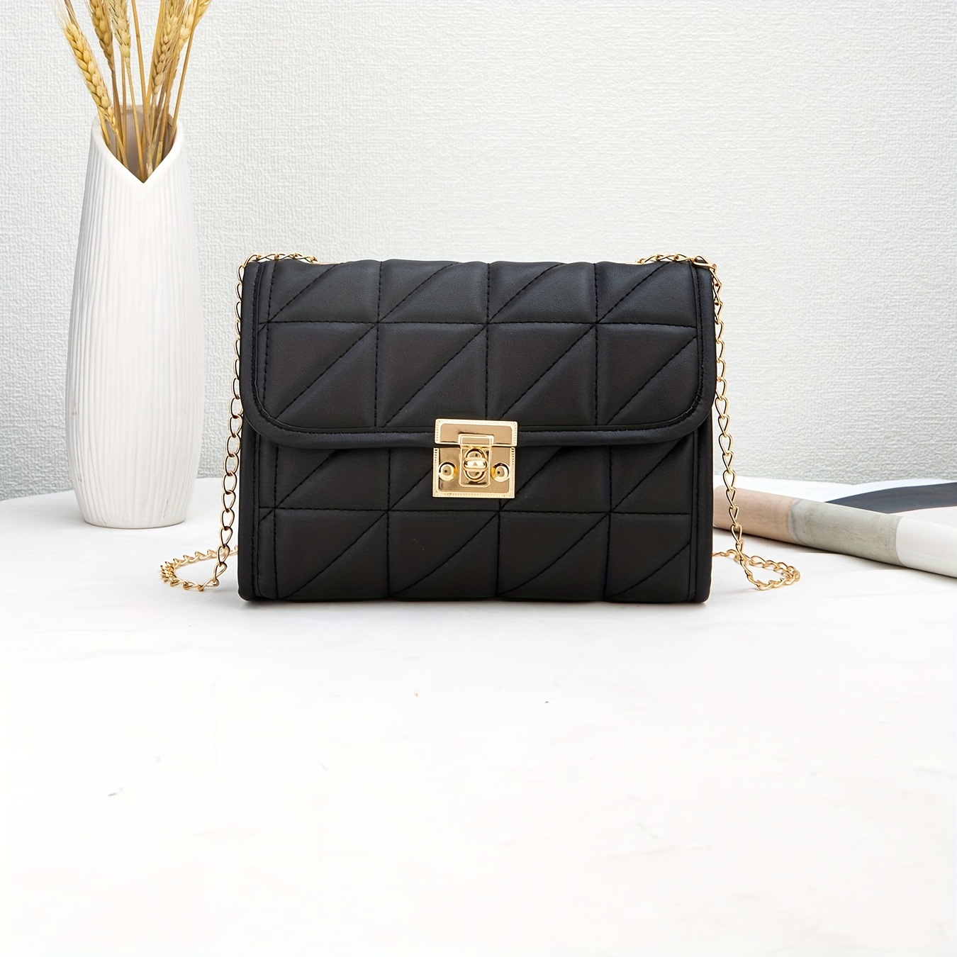 

Elegant Quilted Leather Crossbody Bag With Golden-tone Chain Strap And Lock Closure - Black Shoulder Bag For Daily Use And Travel, Small Crossbody Bag