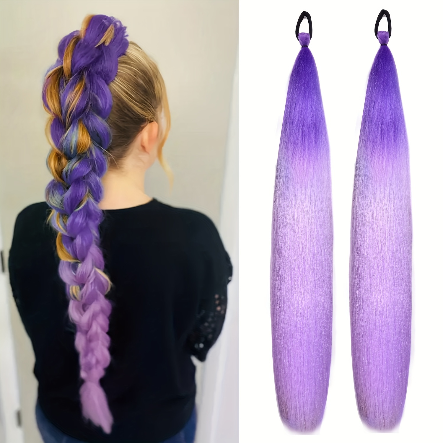 Image of Long Ponytail Wig With Pastel Purple- Gradient, Elastic Bands - Synthetic Hair For Women Braided Hairstyle Fashion Hairpiece
