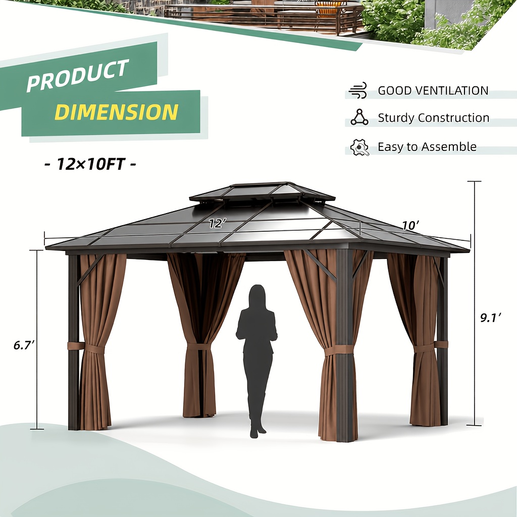 TEMU Carport d'extérieur---Gazebos en métal double couche, rideaux et moustiquaires; Résistant aux intempéries, gazebo permanent en panneaux de