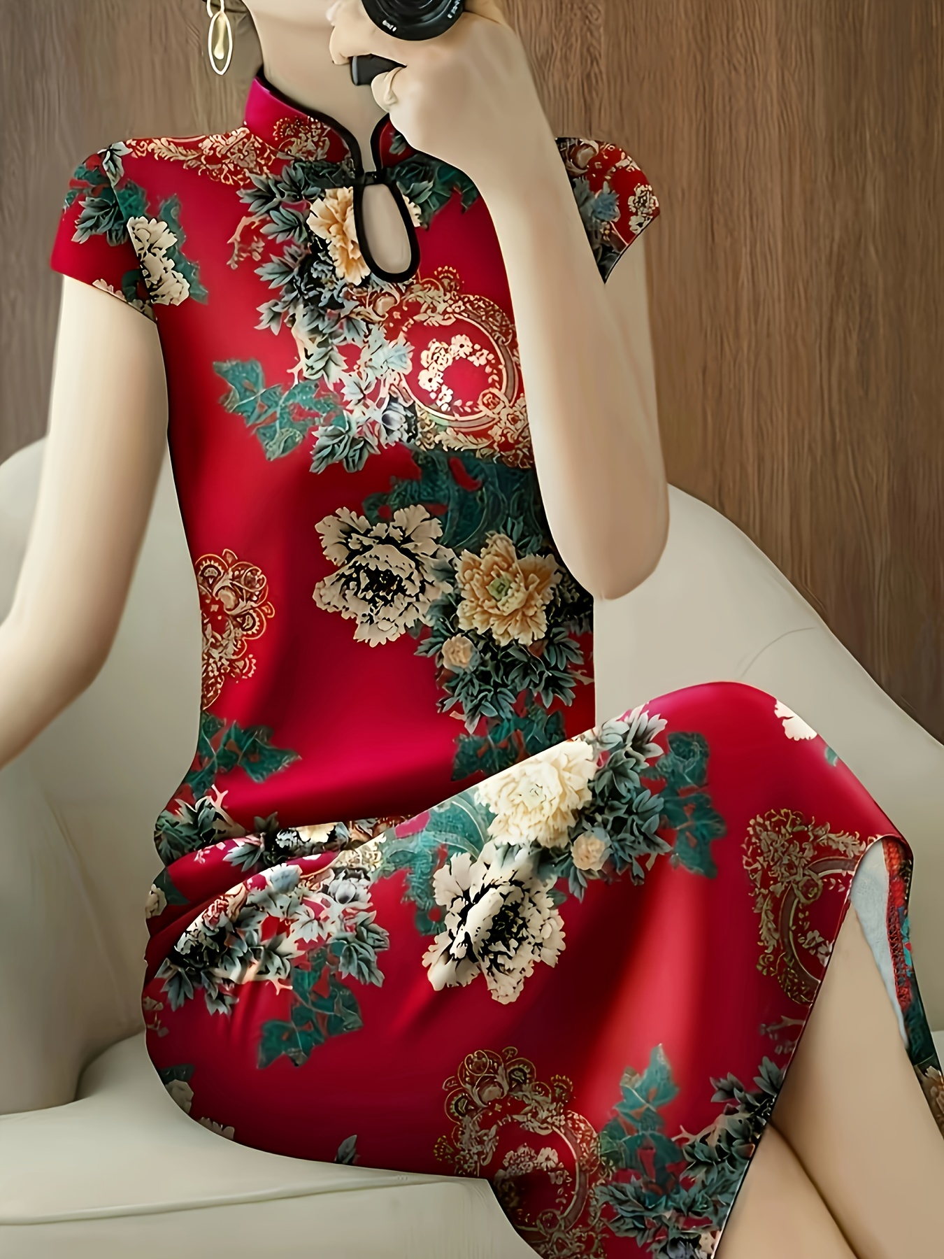 print red floral cheongsam dress short sleeve fitted bodice - Temu Bahrain