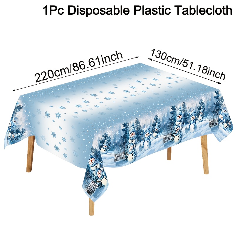 E-shop ., Blaue Schneemann Weihnachts-Tischdecke aus Plastik, 130 x 220 cm Einweg-Saisonale Winter-Feiertags-Dekorative Tischdecke,