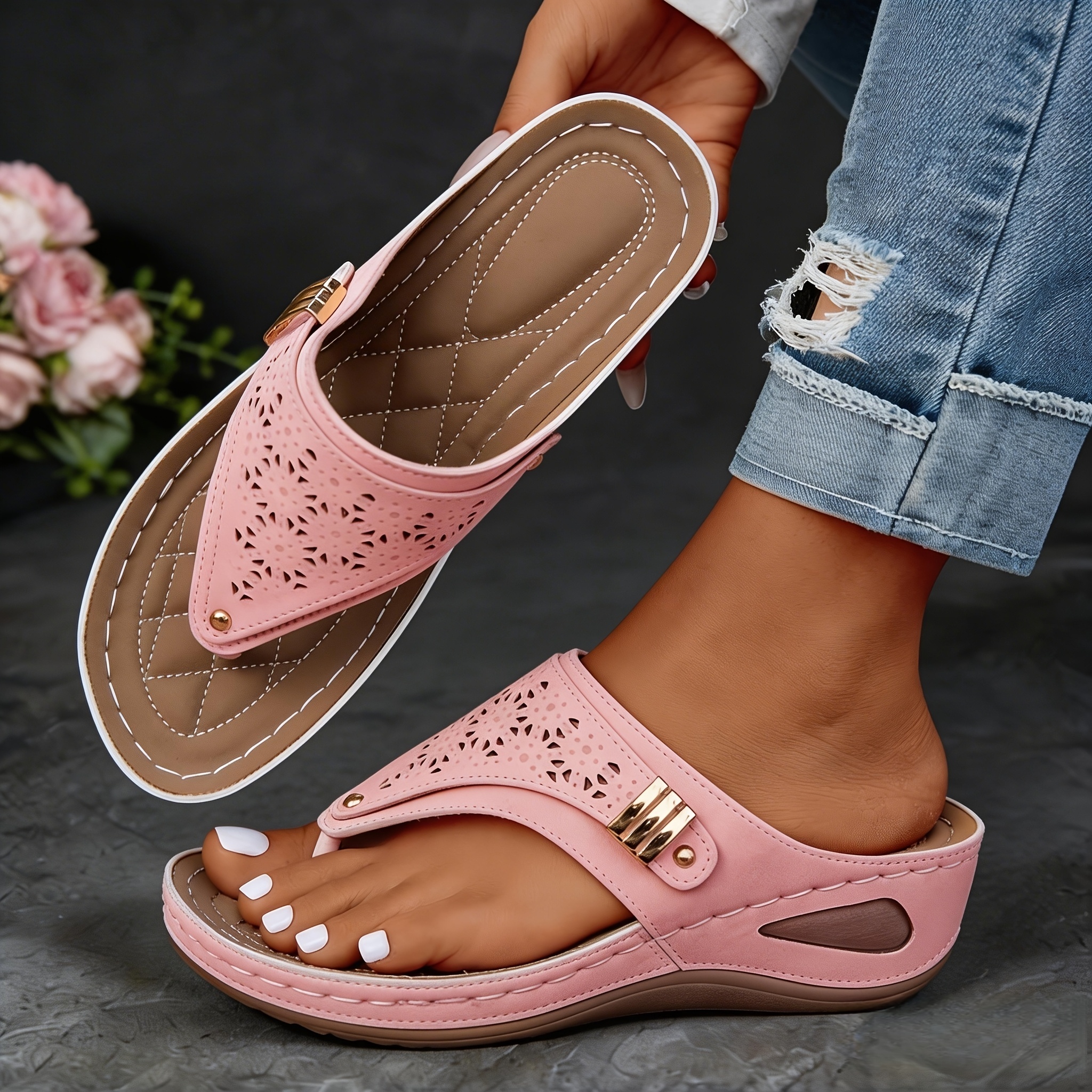 vintage minimalist womens flip flops soft synthetic overlay thick   breathable toe hole design lightweight summer sandals for casual wear women shoes