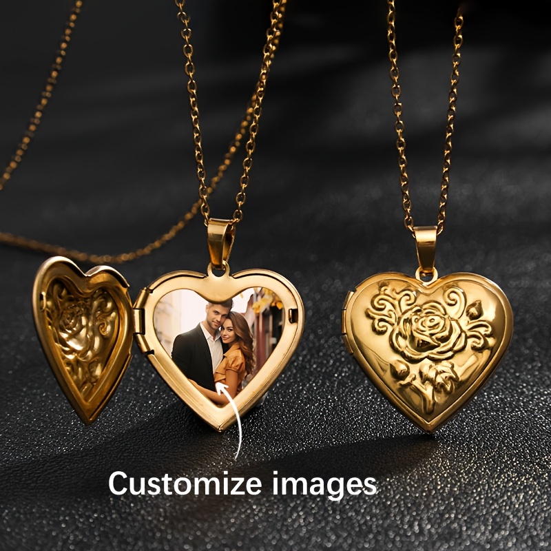 

Personalized Picture Necklace, Couple Jewelry Made Of Stainless Steel In Silvery And Golden For Women, With A Heart-shaped Rose Pattern Locket Pendant Necklace.