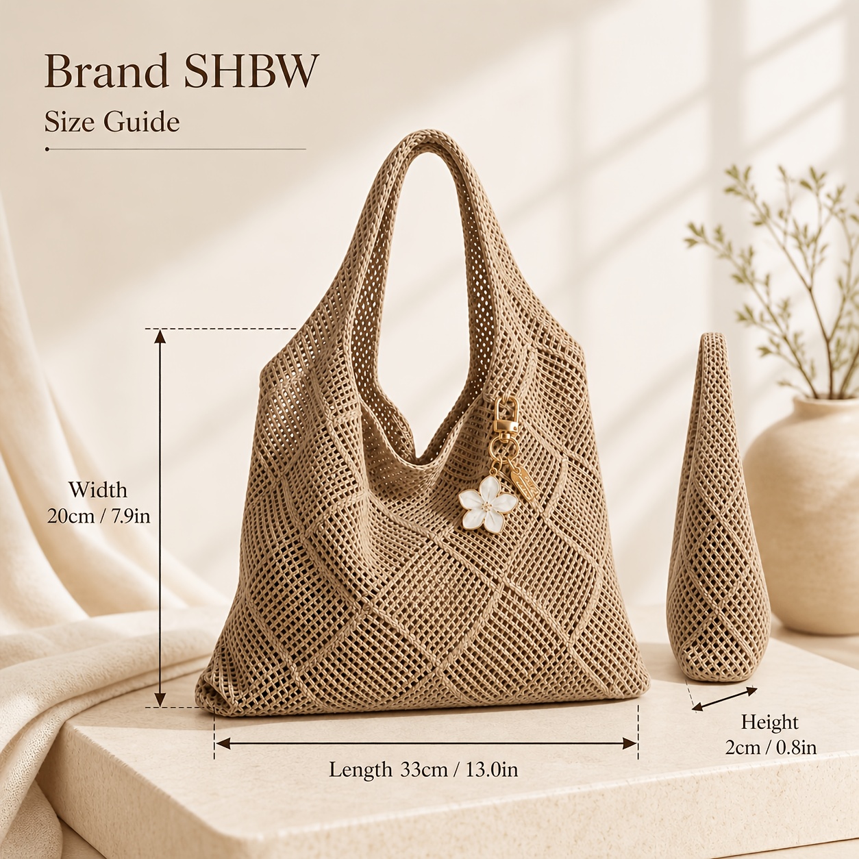 TEMU Brand Shbw Woven Mesh Tote Bag For Women, Large Capacity Shoulder Bag, White Floral Decoration, Beach Commuter Bag