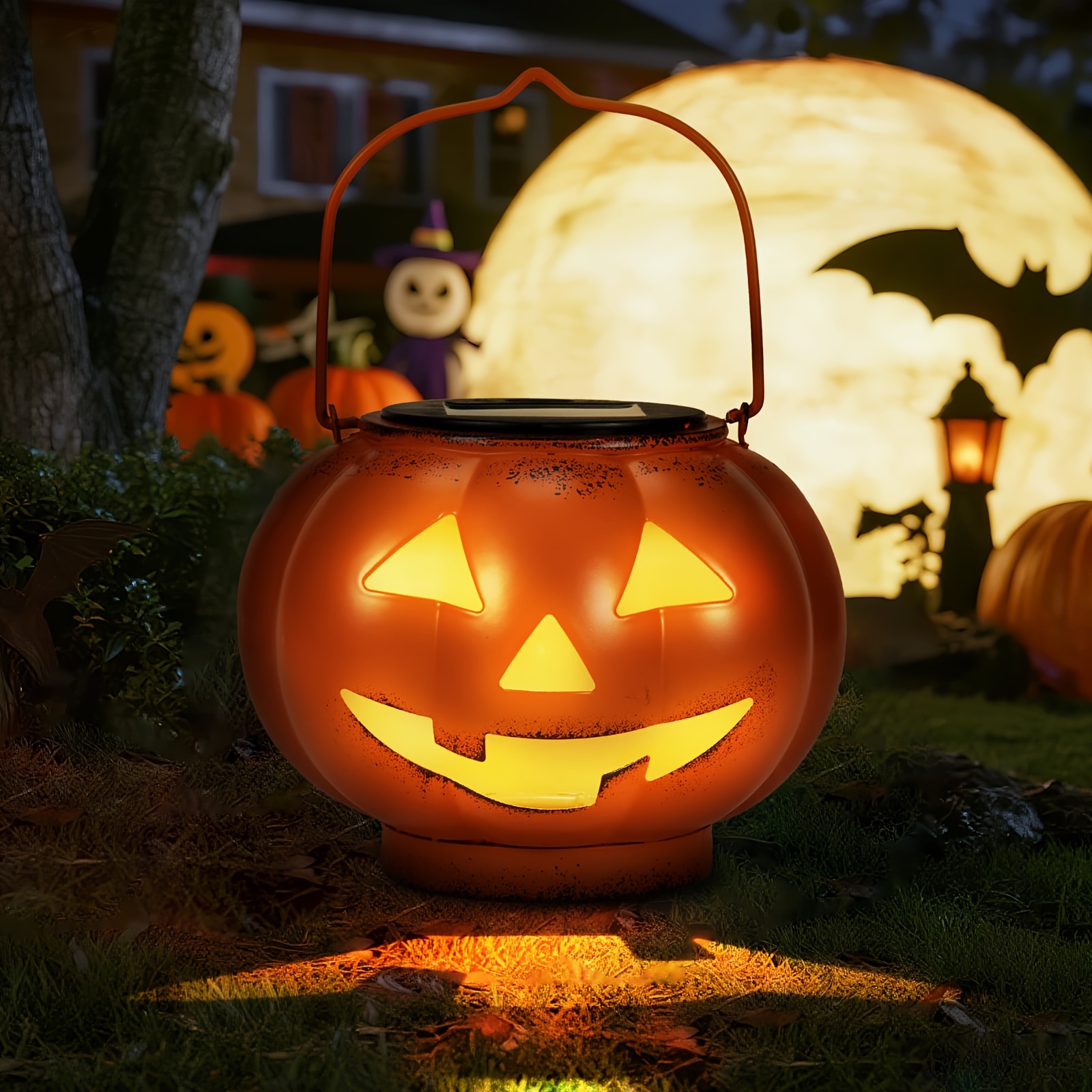 TEMU Halloween Pumpkin Solar Lantern, Hanging Jack O Lantern, Decoration With Hook - Waterproof , Suitable For Courtyard, Terrace, Garden, Decoration
