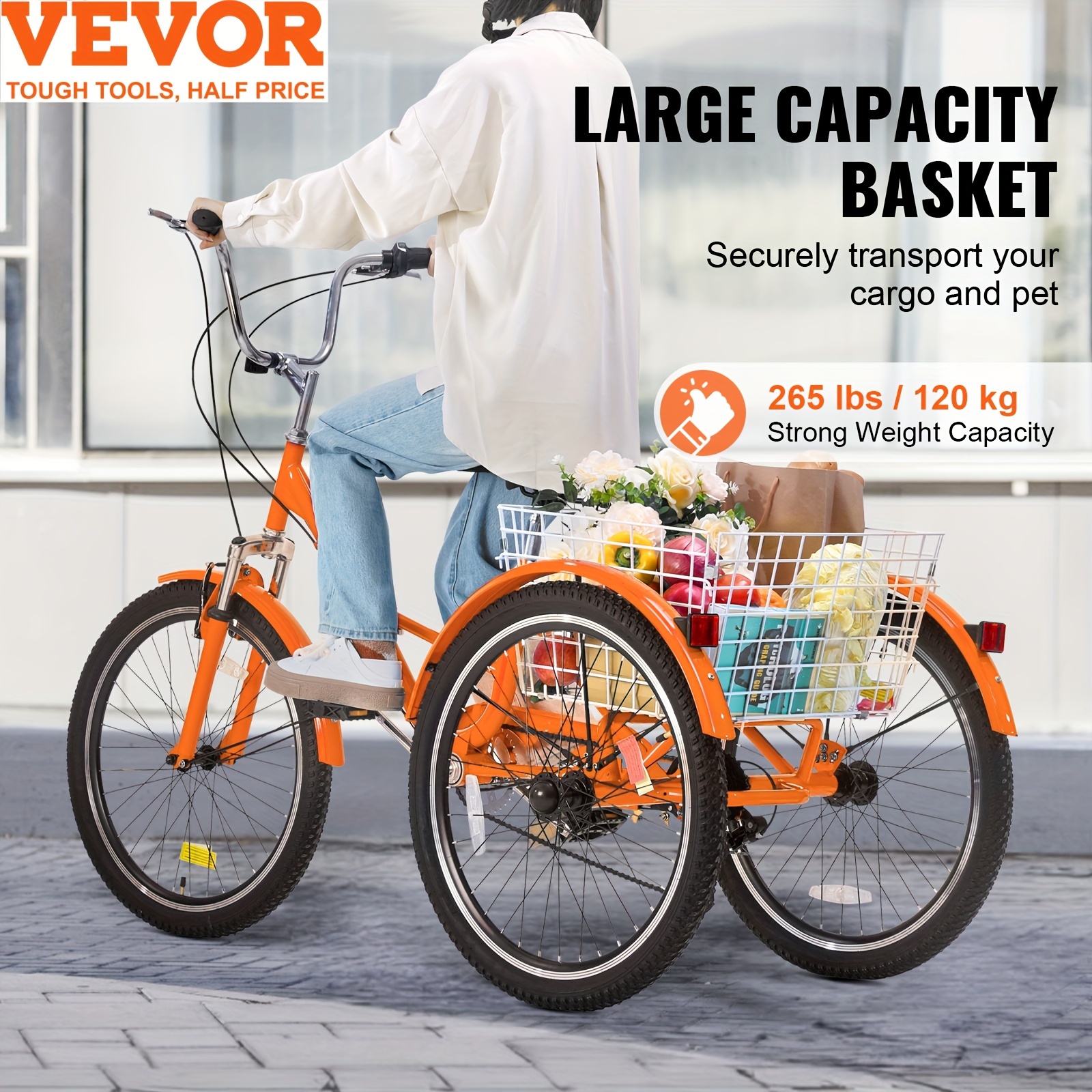 

24" Adult Folding Tricycle 7 Speed, Carbon Steel 3 Wheel Bikes 1 Speed Trikes With Shopping Basket For Seniors Adult, Orange