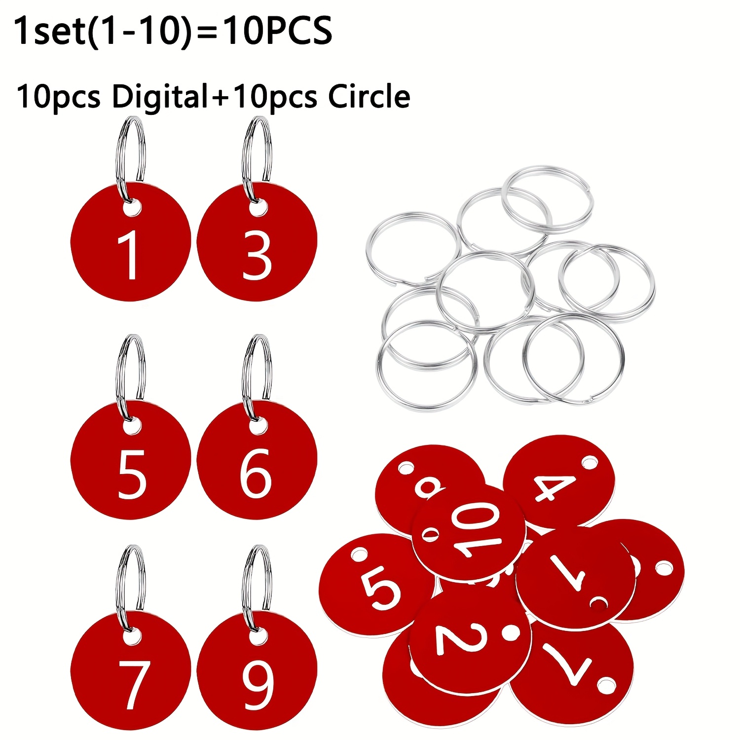 TEMU 10//50 etiquetas numéricas, (1-50), etiquetas numeradas de plástico con anillos metálicos circulares, etiquetas redondas grabadas, etiquetas de