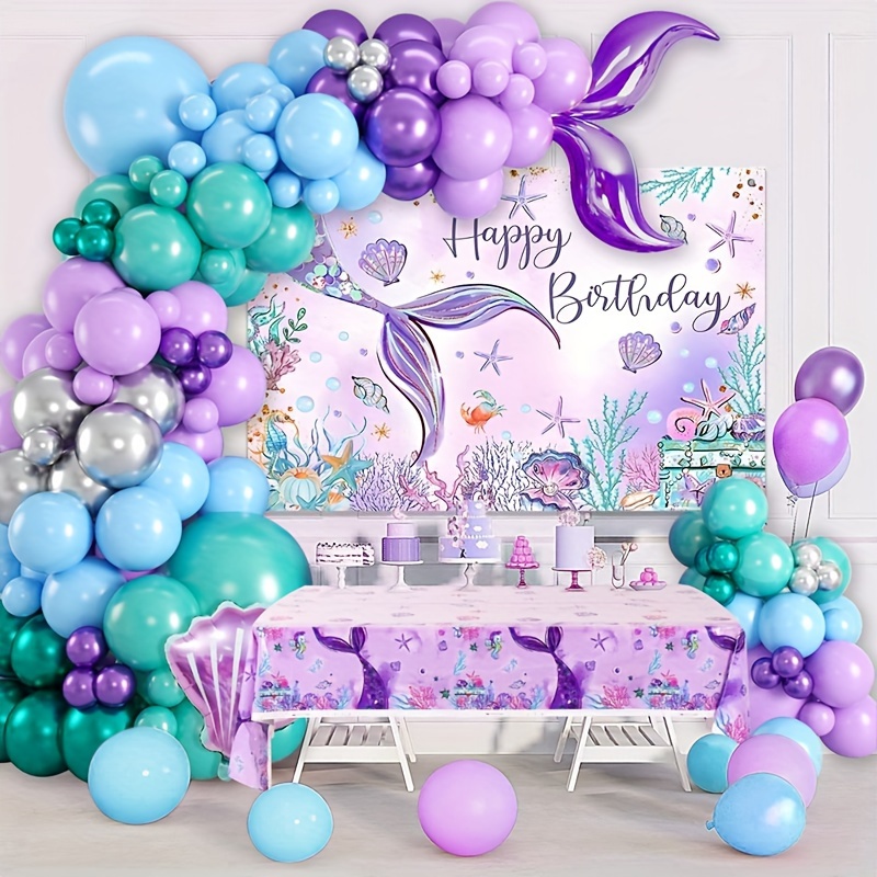 

109pcs Mermaid Party Decor Set - Purple Tail Balloons, Arch Kit & Banner For Under The Sea Themed Birthdays And Showers