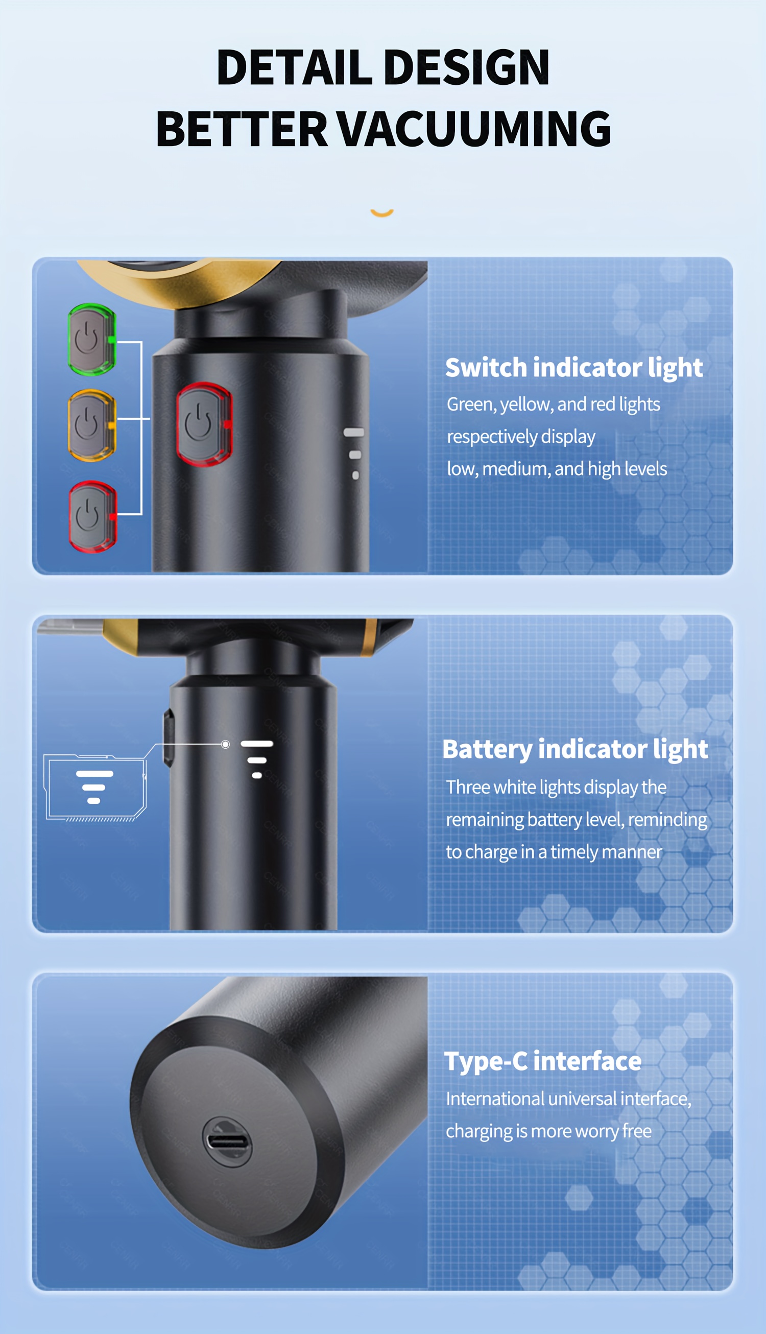 2026 NEW CENRR 16000PA Car Vacuum Cleaner | Portable Handheld Wireless Strong Suction Car Cleaner Cleaning Machine Mini Vacuum Cleaner with USB Charging, ABS Resin Body, Blow and Suction Integrated, 3.38-6.76oz Dust Cup Volume