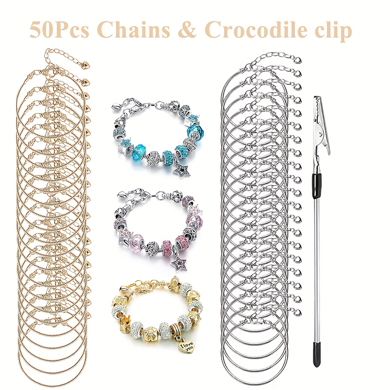 TEMU 10/50pcs Golden/silvery Chain Set(20cm), Suitable For Combining With Various Large-hole Beads To Make Bracelet Additions, As A Handmade Gift Set