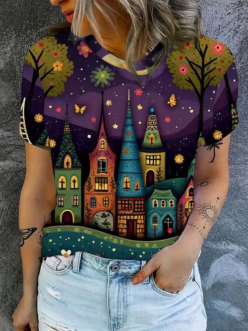 Artikelbild damen t-shirt mit lockerer passform rundhalsausschnitt – weiche sommer-freizeitbluse für freizeitkleidung mit verspieltem volkskunst-druck, verträumter nachtdorf- & lebendigen flachen farben, maschinenwaschbares oberteil mit rundhalsausschnitt zum schichten oder als einzeloutfit