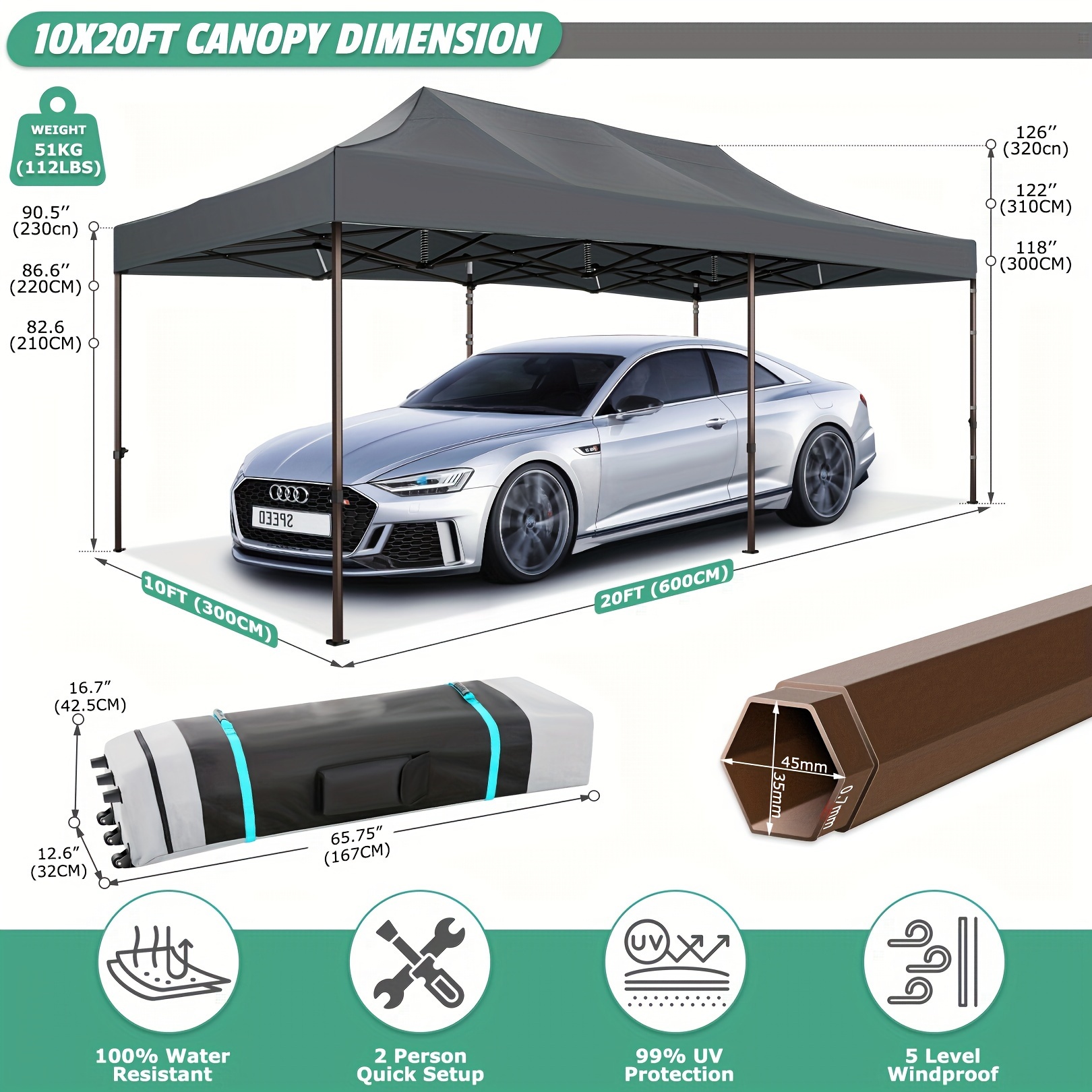 

Tooluck 10x20ft Outdoor Pop Up Heavy Duty, Commercial Tents For Event Wedding, All Uv 50+&waterproof Gazebo With Roller Bag, Thickened Legs