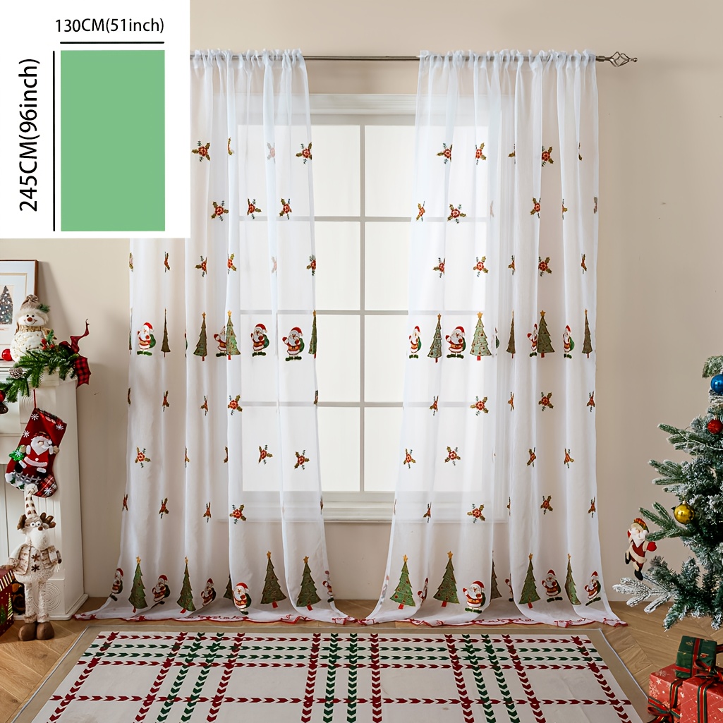 TEMU Rideau 1 pièce quadriptyque de Noël en gaze blanche brodée, cadeau Père Noël et sapin de Noël, décoration de salon, passe-tringle