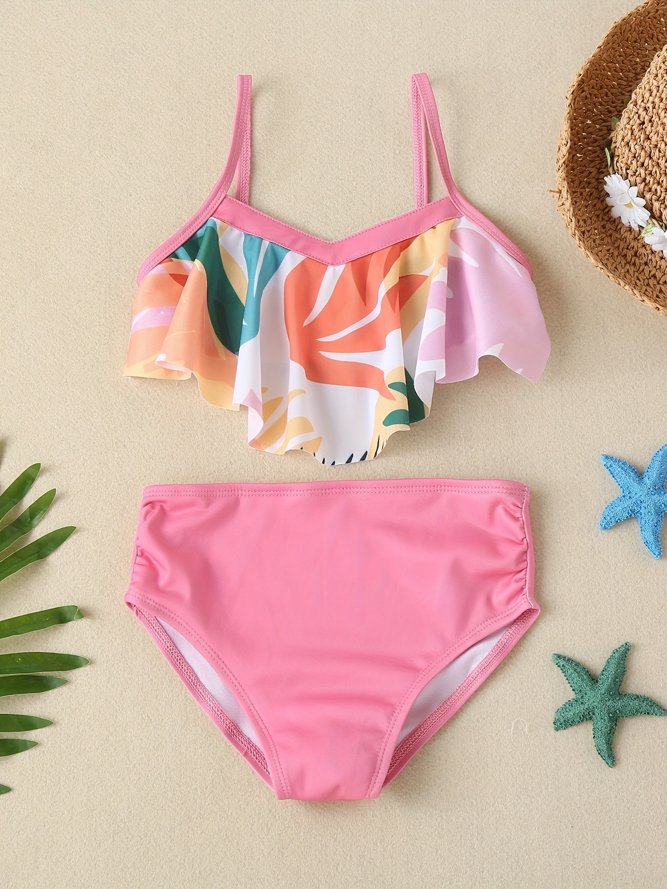 Girl's 2pcs Abstract Plants Bikini Swimsuit, Ruffle Strappy Top & Bottom  Set, Holiday Beach Summer Outfit - Kids Fashion - Temu