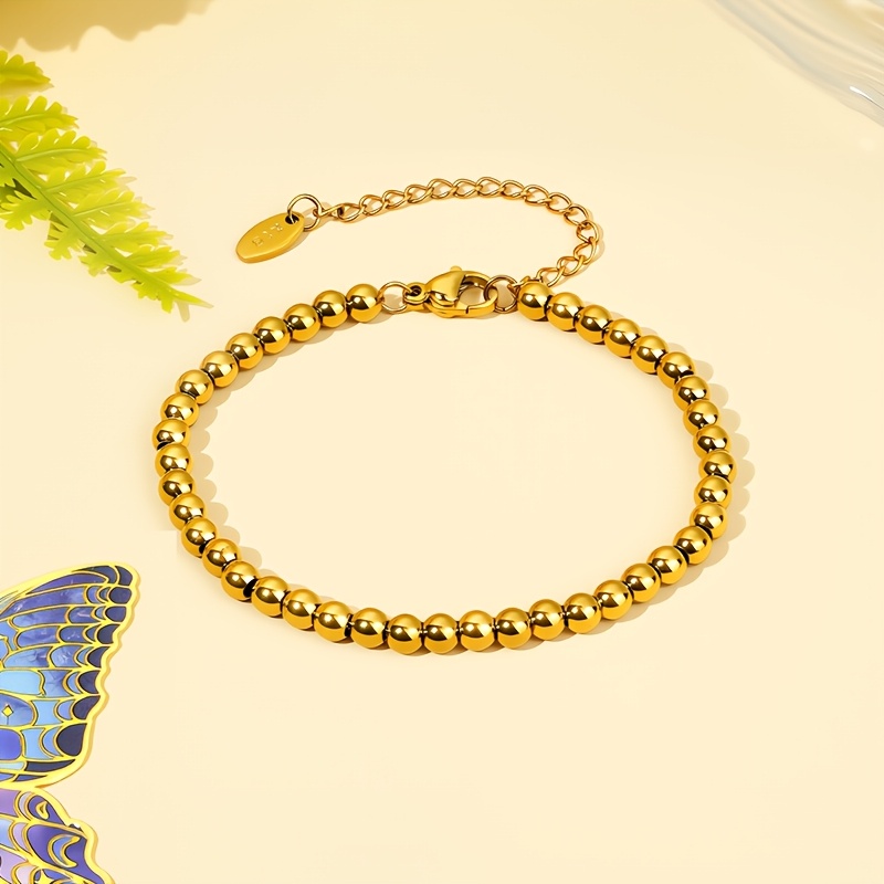 TEMU Pulsera minimalista con cuentas chapadas en oro de 18K, cadena de bolas de acero inoxidable a prueba de agua, joyería apilable diaria resistente