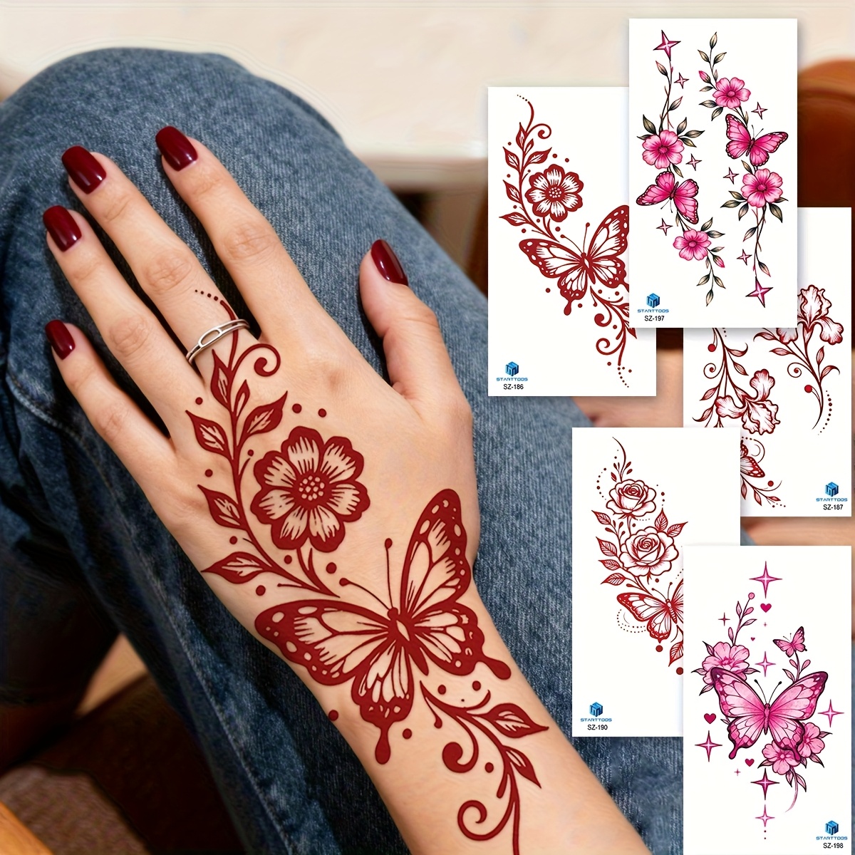 Image of 5pcs And Red Temporary Tattoos With Butterflies, Flowers (rose, , ), Stars, Hearts - Waterproof Festival Tattoos For Party Favors, Wrist, Shoulder, Neck, And Collarbone
