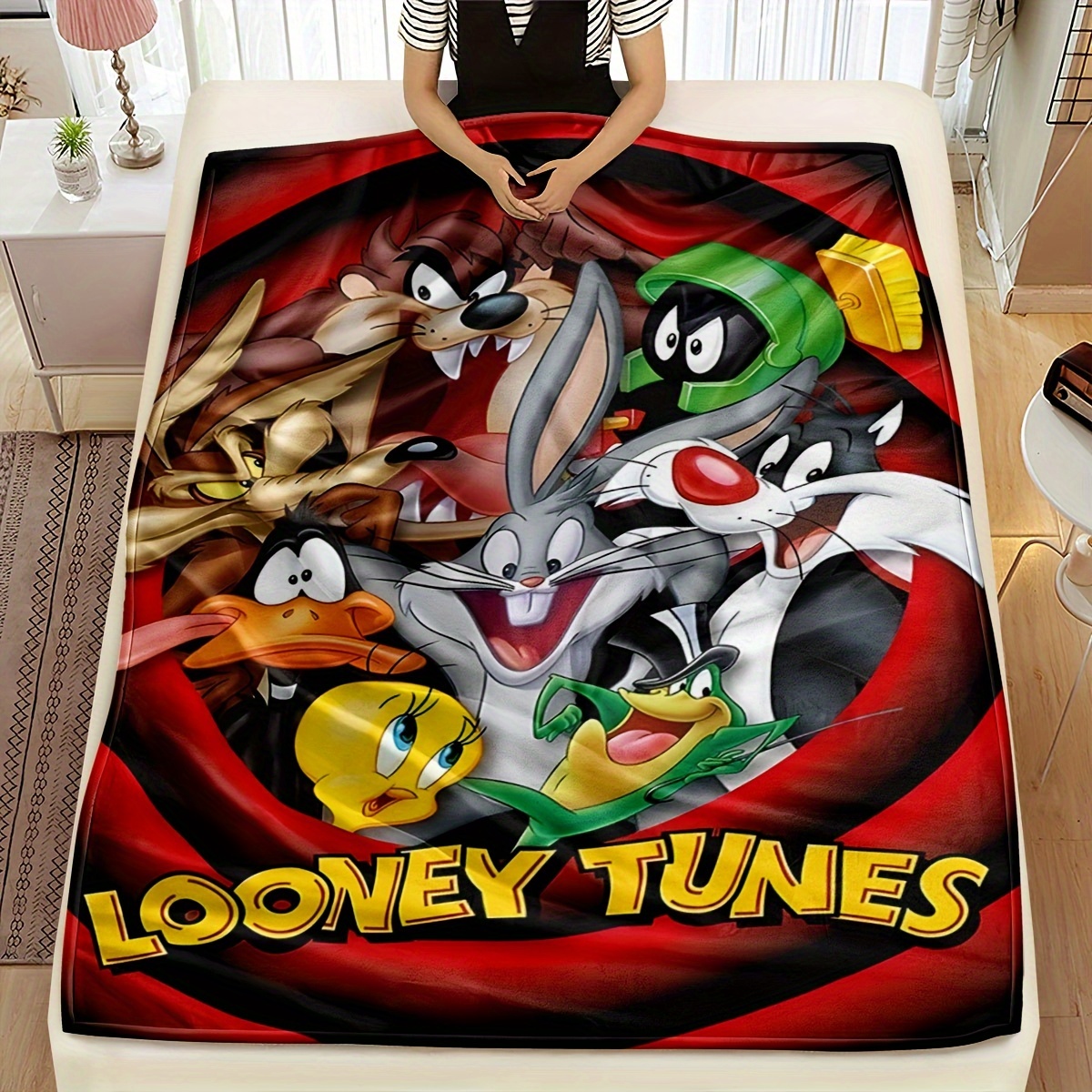 1pc   cartoon characters printed polyester knitted blanket contemporary style   multipurpose throw for bedroom sofa bed travel digital printing 200 250gsm details 1