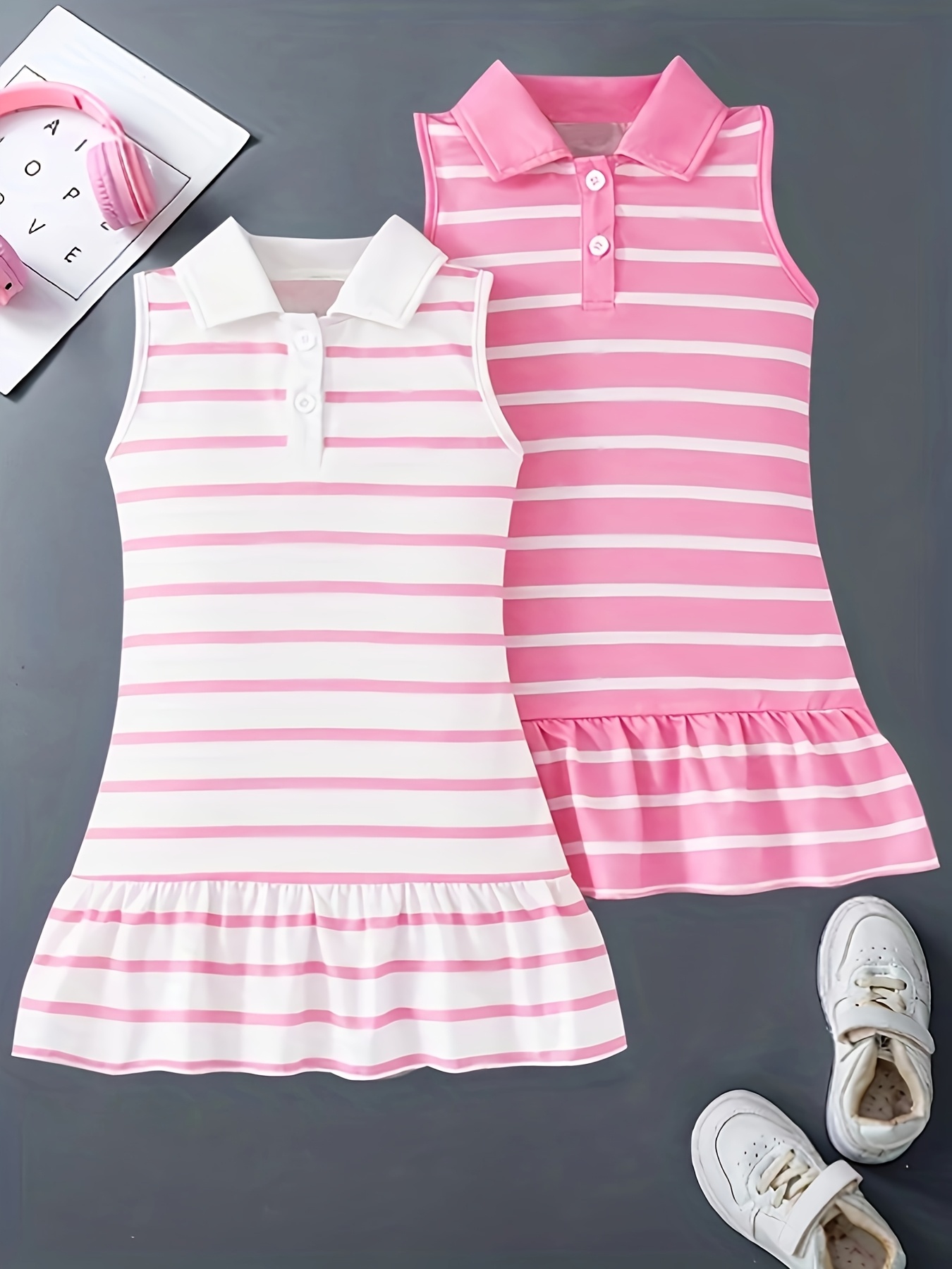 girls' turquoise & white striped short sleeve dress - a-line with collar, mint  green piping & flared umbrella, machine washable summer dress for uniforms,  parties, casual wear ( to big kids) |