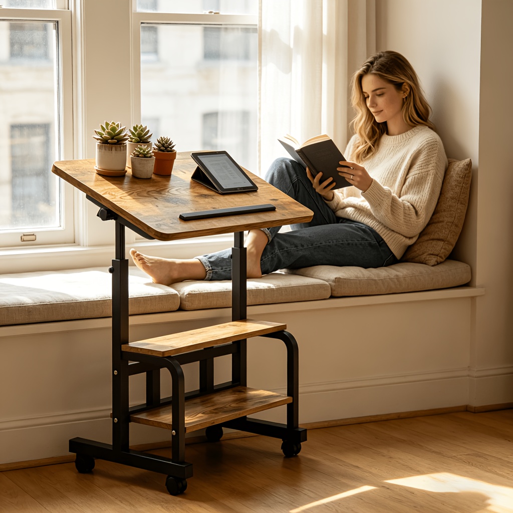 Portable Height Adjustable for artist Desk, Natural Wood Grain Surface with Anti-Slip Edge, Sturdy Metal Frame And Smooth Wheels, 2-Tier Storage for Art Supplies, Perfect for Drawing Painting Creation