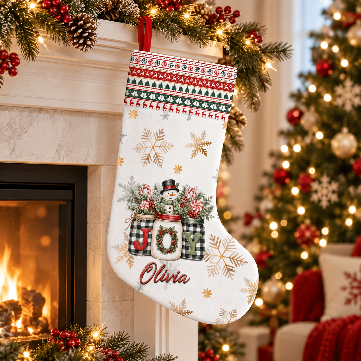 TEMU 1pc Personalized Name/text Christmas Stocking Suitable For Fireplace Hanging Decoration, Custom Xmas Hanging Ornament With Name/initials, For