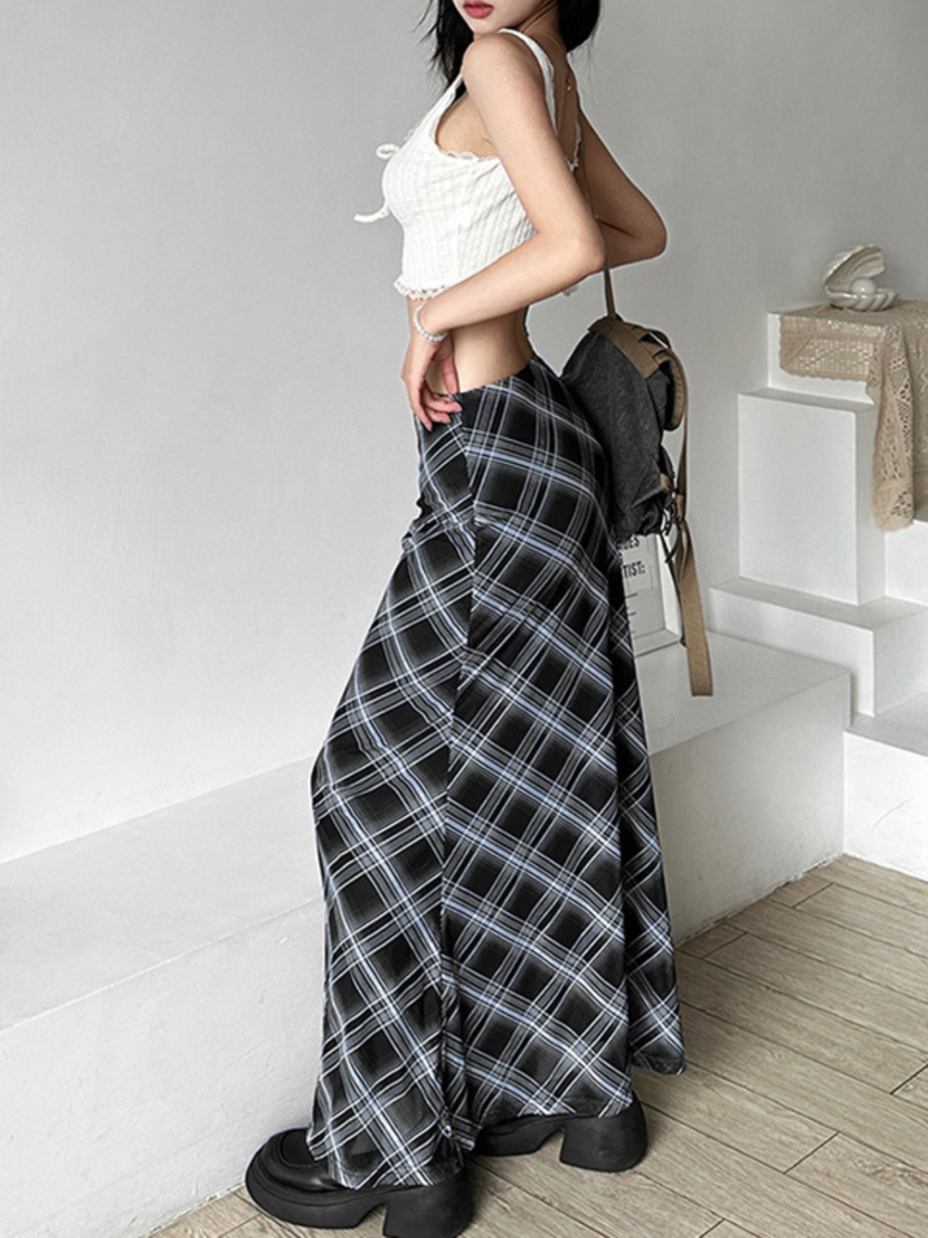womens high waist fit long skirt grunge plaid black Temu