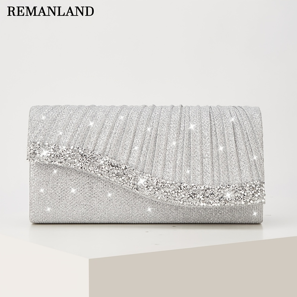 TEMU Bolso de cuadrado plisado plegable con cadena mini, bolso de noche con incrustaciones de pedrería, perfectamente con vestidos de mujer,