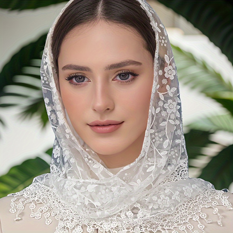 E-shop Ein Damen-Dreieckstuch mit Blumenmuster Spitzenbesatz, Einfarbiger Dünner Schal, Eleganter Kopftuch-Stil