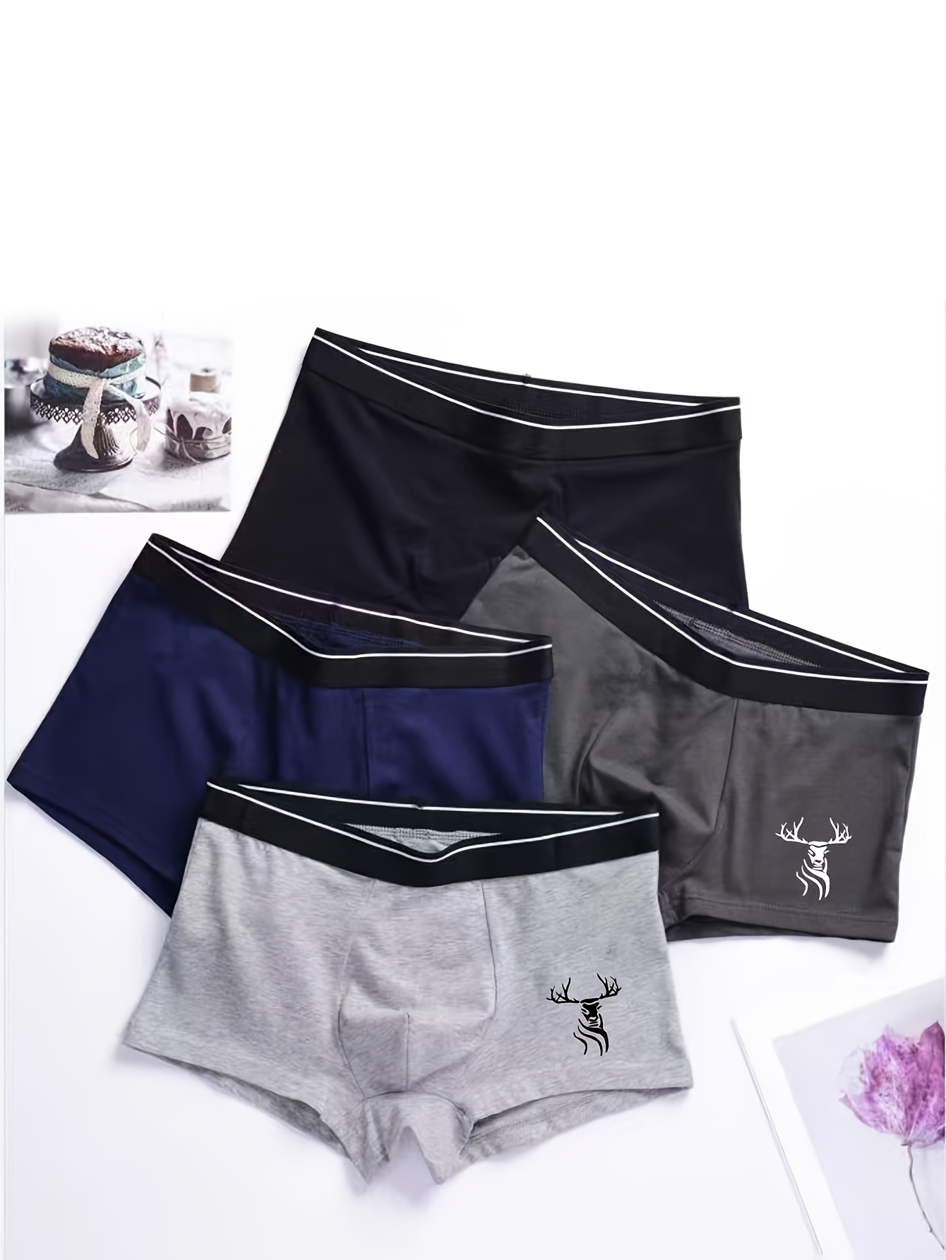 4-Pack Men'S Deer Head Print Boxer Briefs - Stretch Fabric, Comfort Fit Underwear with Stylish Animal Design, Black, Gray, Blue, and White Options, Comfortable Underwear | Deer Head Print | Medium Elasticity