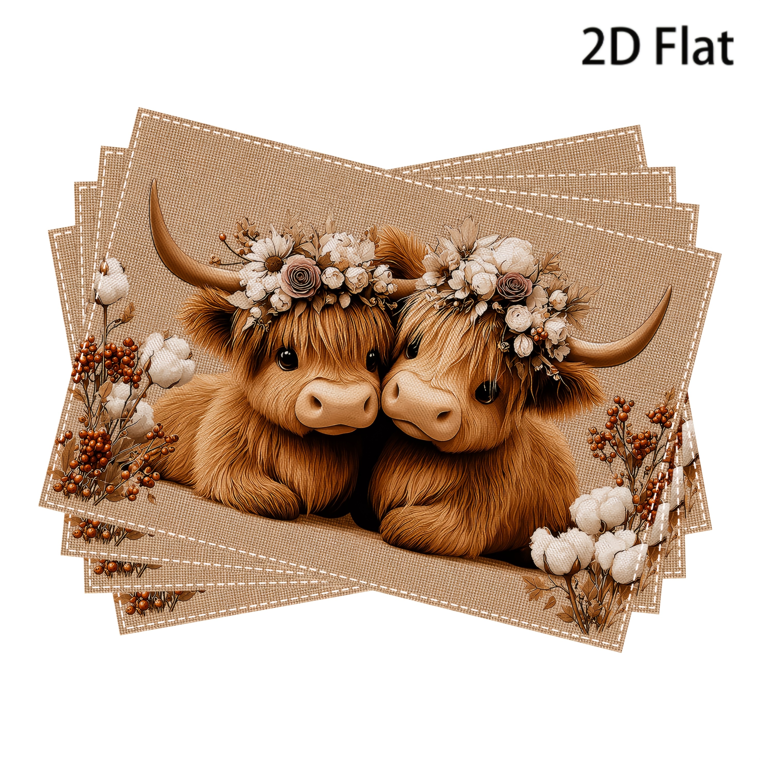 TEMU 2d Flat Print 4/6pcs, Cute Highland Cow Print Placemat Set, Decor, Modern Washable Table Mats, Room Decor, Coasters, Kitchen Placemats,