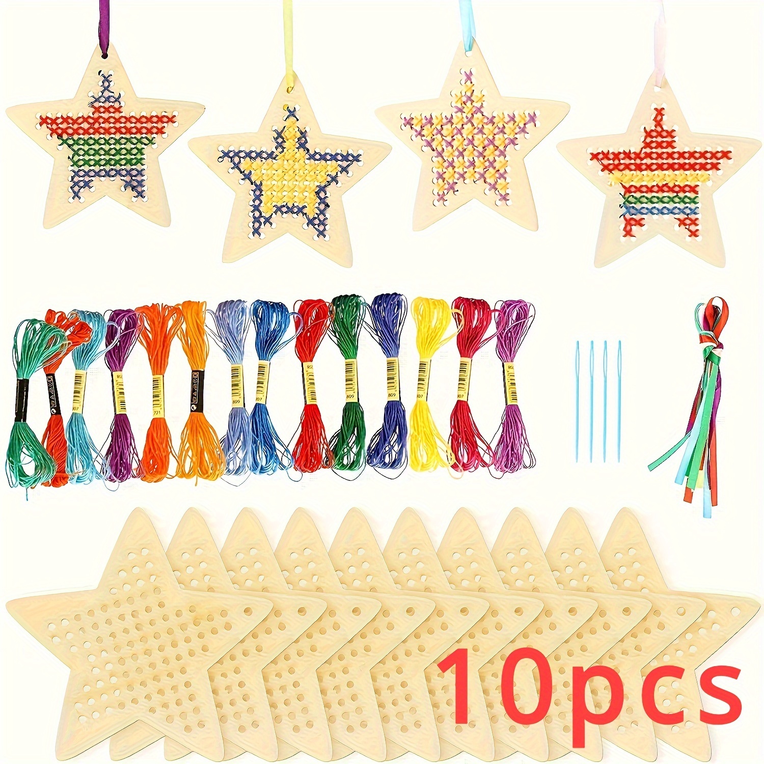

10-piece Wooden Star Cross Stitch Kit - Diy Paint & Doodle Craft Set For Home Decor, Easter & Christmas