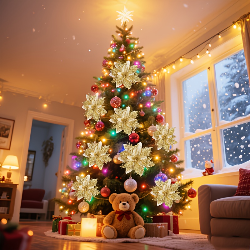 36pcs Shiny Golden Faux Christmas Poinsettia - (12 Flowers + 12 Clips + 12 Stems = 36), No Electricity Required, Perfect for Christmas Tree Decorations, Garland Embellishment, Wedding & New Year Holiday Celebrations, Seasonal Home Decor