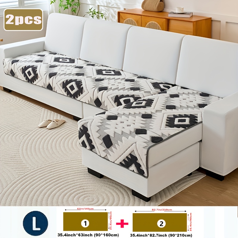 TEMU 2pcs Bohemian Style Fashionable Jacquard L-shaped Sofa Covers, Thickened Anti Slip Velvet Furniture Protection Cover, Machine Washable, All