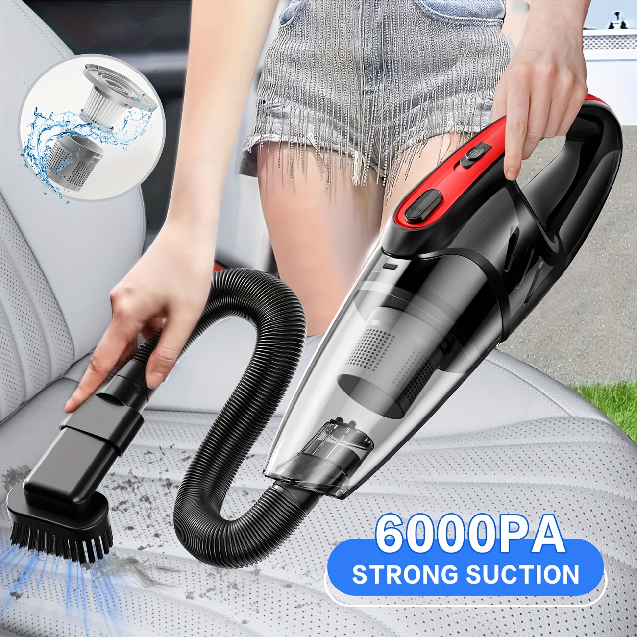 item picture Car Vacuum Cleaner, 6000PA Super Strong Suction Handheld Vacuum, 2000mAh Large Capacity, Low Noise, Comes with Five Matching Accessories, for Car Interiors, Home, and Pet Cleaning, Pink Girly Car Accessories Gift for Women