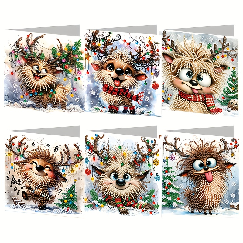 TEMU 6pcs Diy Diamond Painting Christmas Greeting Card Set With Round Special-shaped Diamonds - Complete Craft Kit Suitable For Holiday Cards Making,