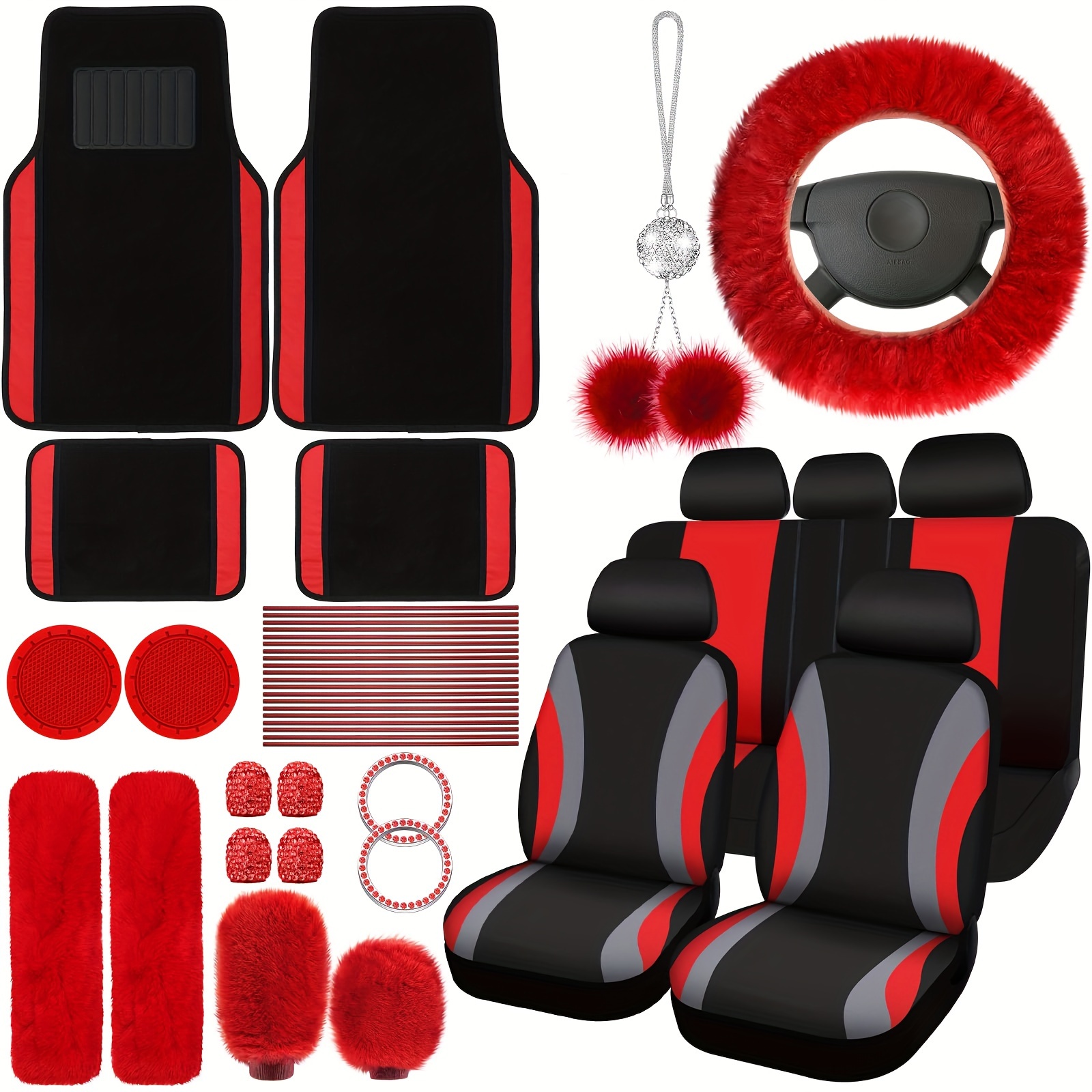 TEMU 47 Car Seat Cover Full Set Car Seat Covers For Car Front Rear Seat Cover Fluffy Steering Wheel Cover Seat Belt Automotive Floor Mats Car Air Conditioner Decoration Strip Car Accessories Women