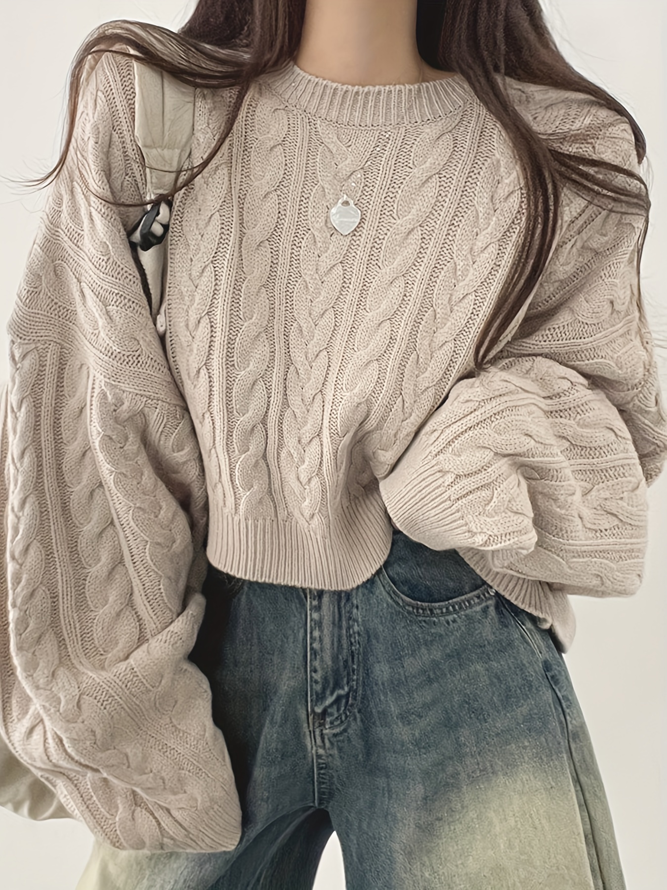 Women's Korean-Inspired Lazy Style Loose Fit Cable Sweater - Soft Round Neck Long Sleeve Solid Color All-Season Casual Top, Ladies Sweaters, Everyday Comfort Wear, Relaxed Fashion, Cozy Clothing, Comfortable Knitwear, Top, Streetwear Lovers