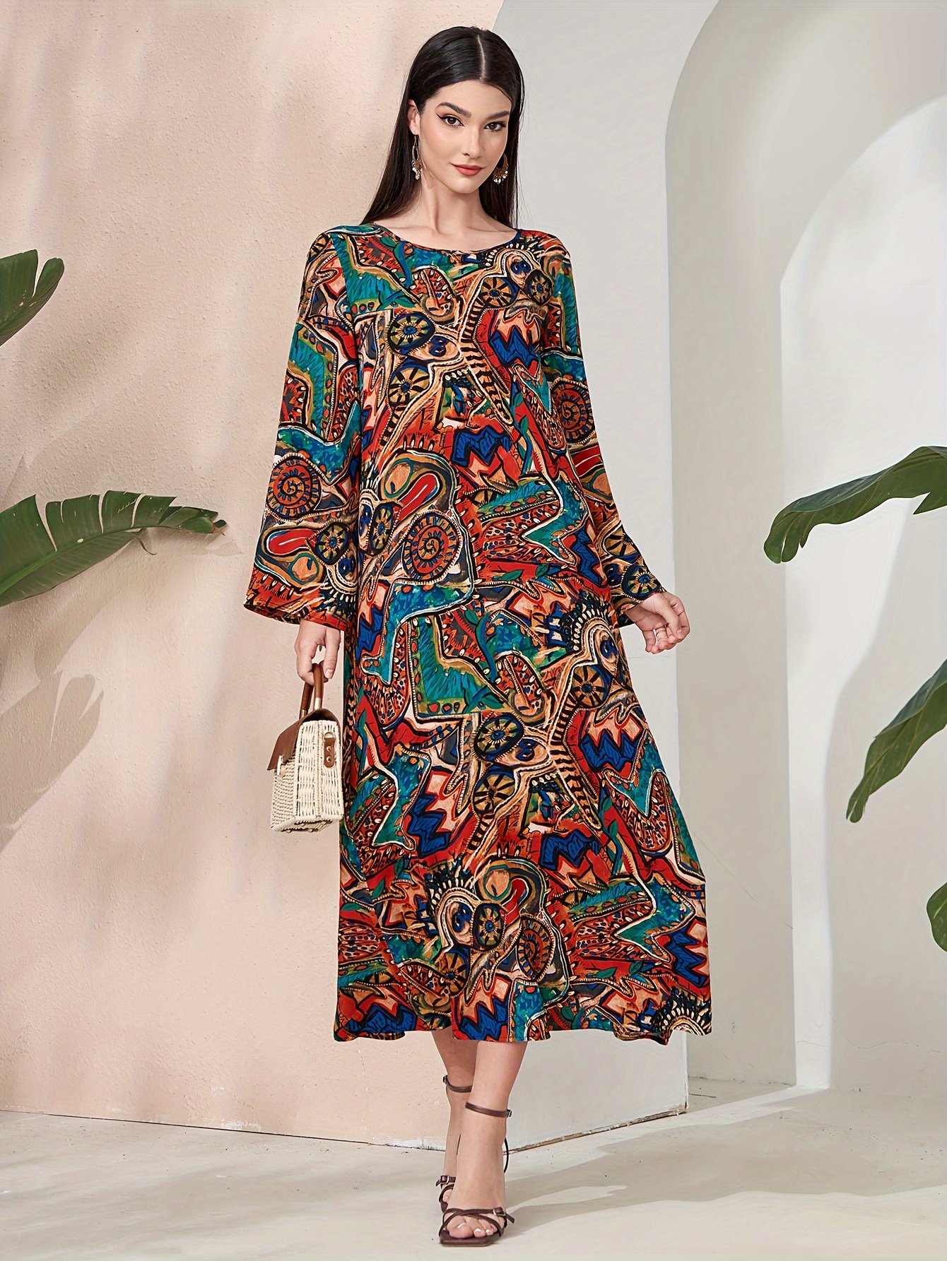 full print crew neck middle eastern style dress boho long Temu