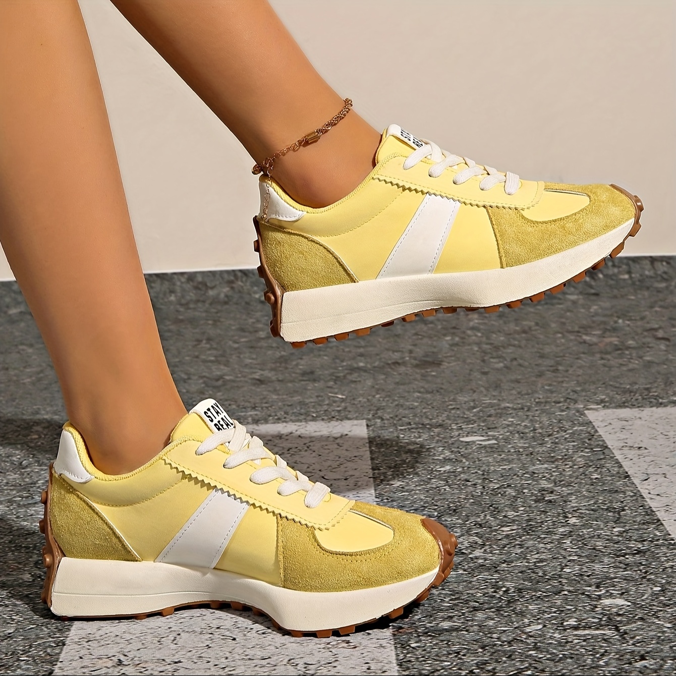 women's stylish yellow white sneakers thick rubber sole Temu Norway