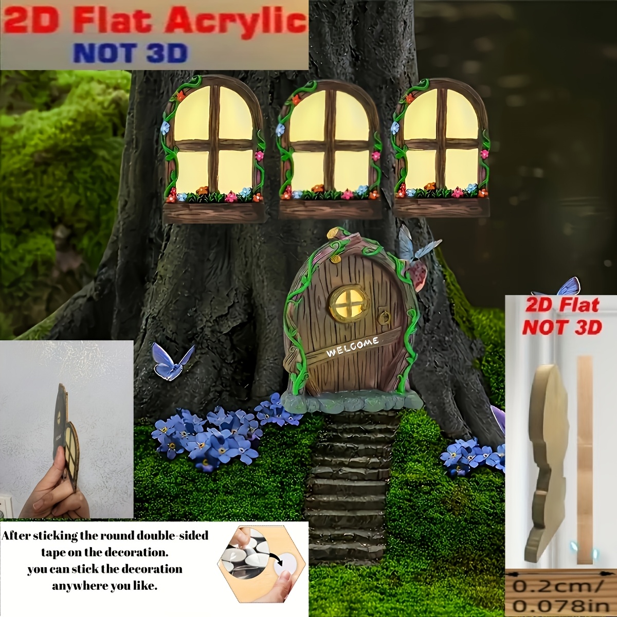 E-shop 2D Flach, 4-teiliges Retro Mini-Tür- und Fenster-Set – Deko für Märchenhafte Gartenszenen im Freien, Kleiner Baumhof & Fenster, als Geschenk zum